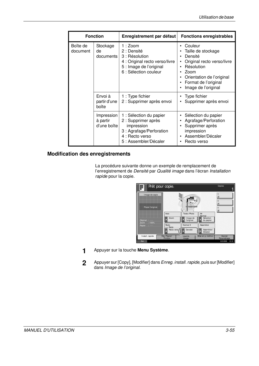 Olivetti D-COPIA 400MF Modification des enregistrements, Appuyer sur la touche Menu Système, Dans Image de l’original 