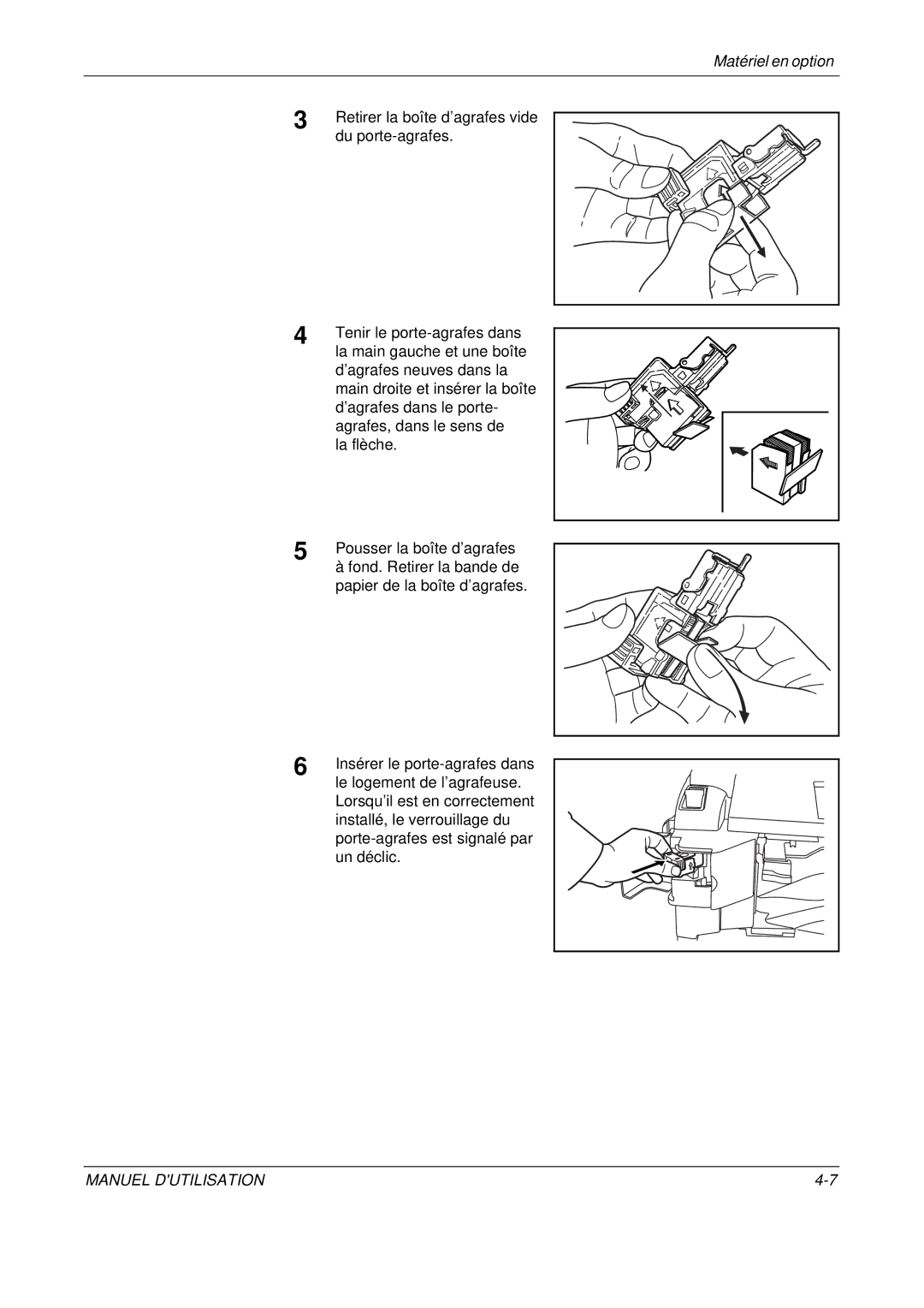 Olivetti D-COPIA 300MF manual Retirer la boîte d’agrafes vide, Du porte-agrafes, Tenir le porte-agrafes dans, La flèche 