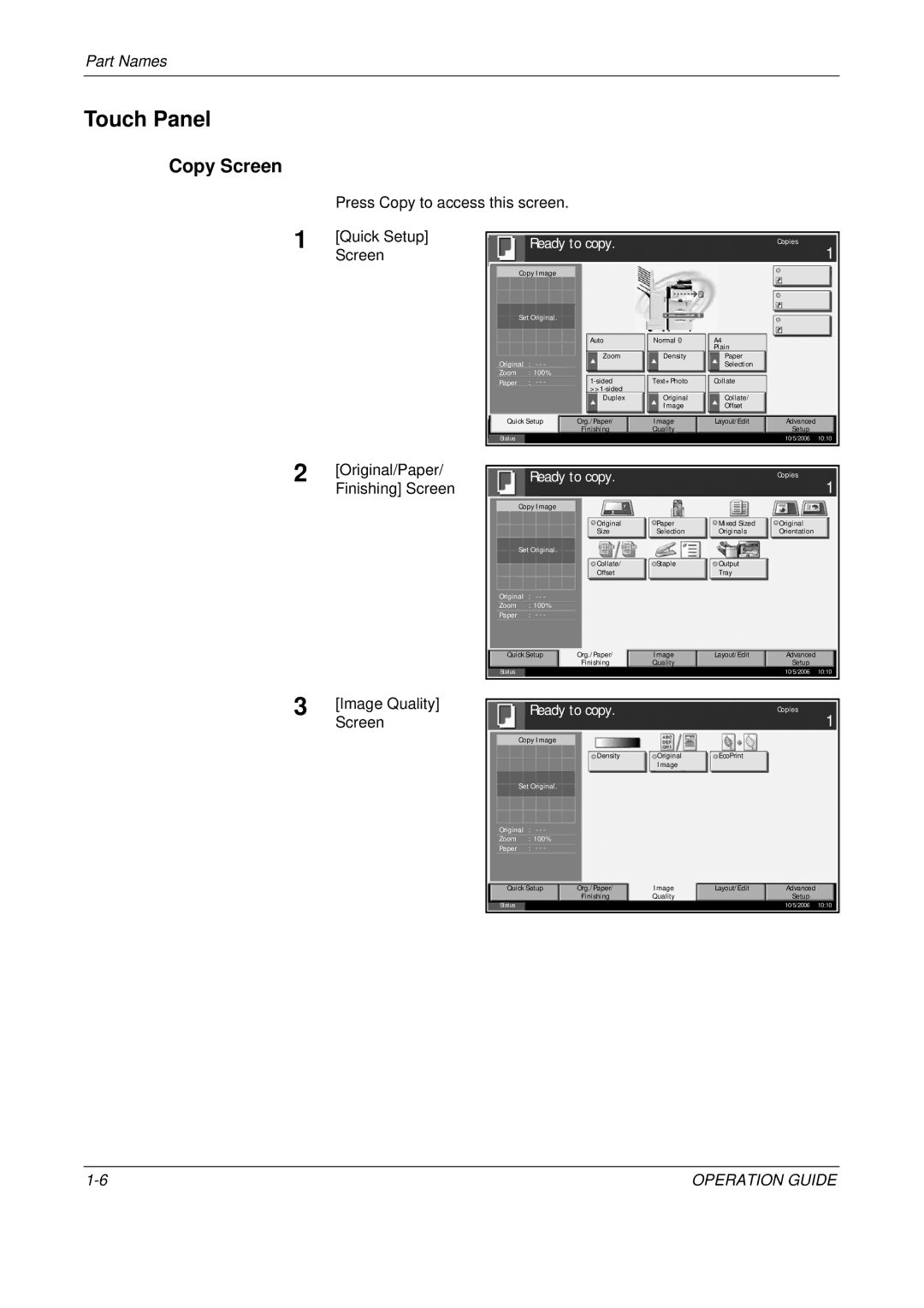 Olivetti D-COPIA 400MF, D-COPIA 500MF, D-COPIA 300MF manual Touch Panel, Copy Screen 