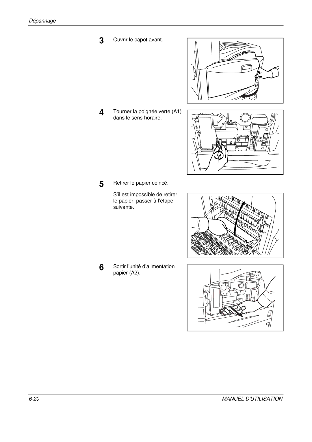 Olivetti D-COPIA 300MF manual Tourner la poignée verte A1, Dans le sens horaire, ’il est impossible de retirer, Suivante 