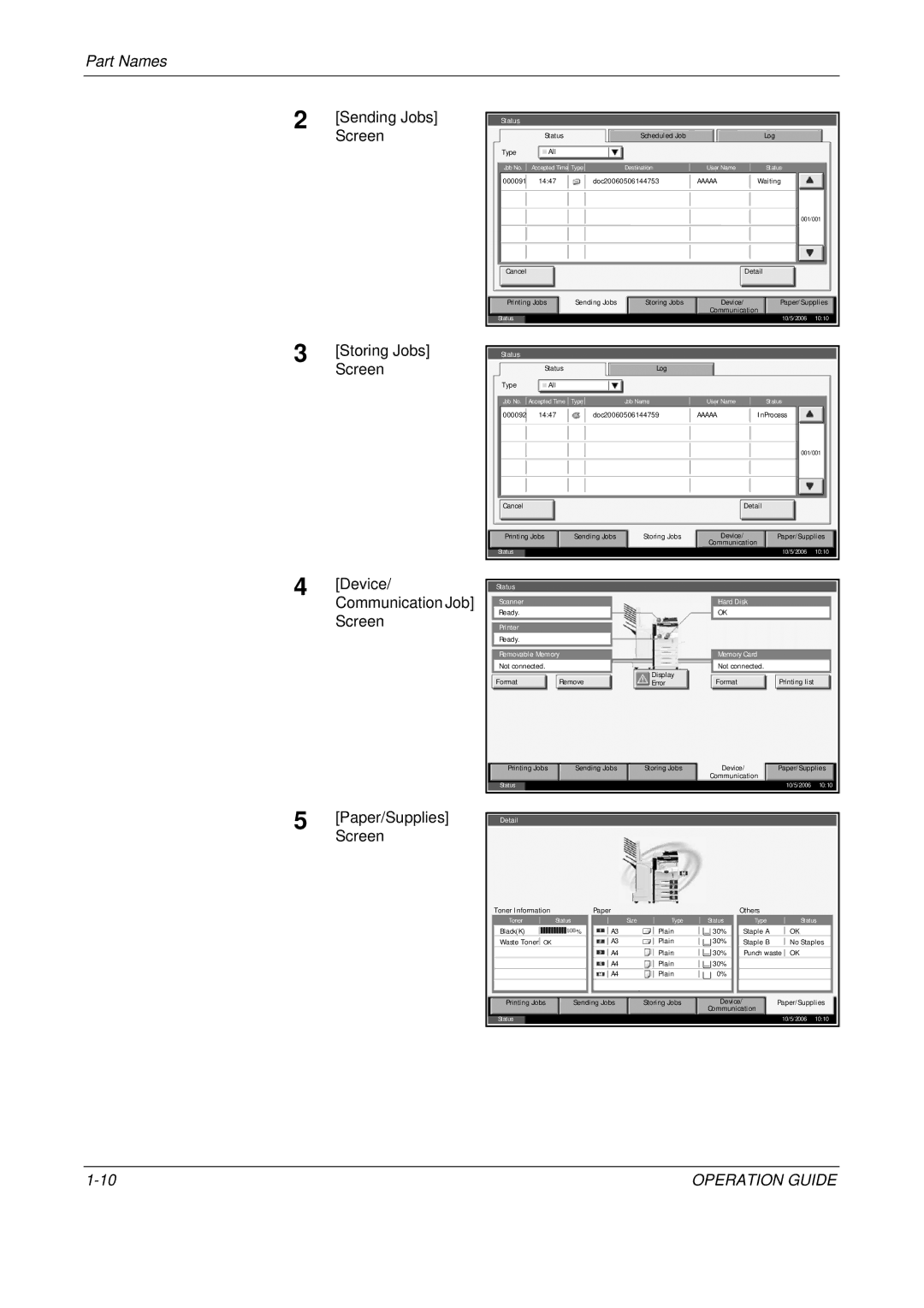 Olivetti D-COPIA 500MF, D-COPIA 300MF Sending Jobs, Storing Jobs, Device/Communication Job Screen Paper/SuppliesScreen 