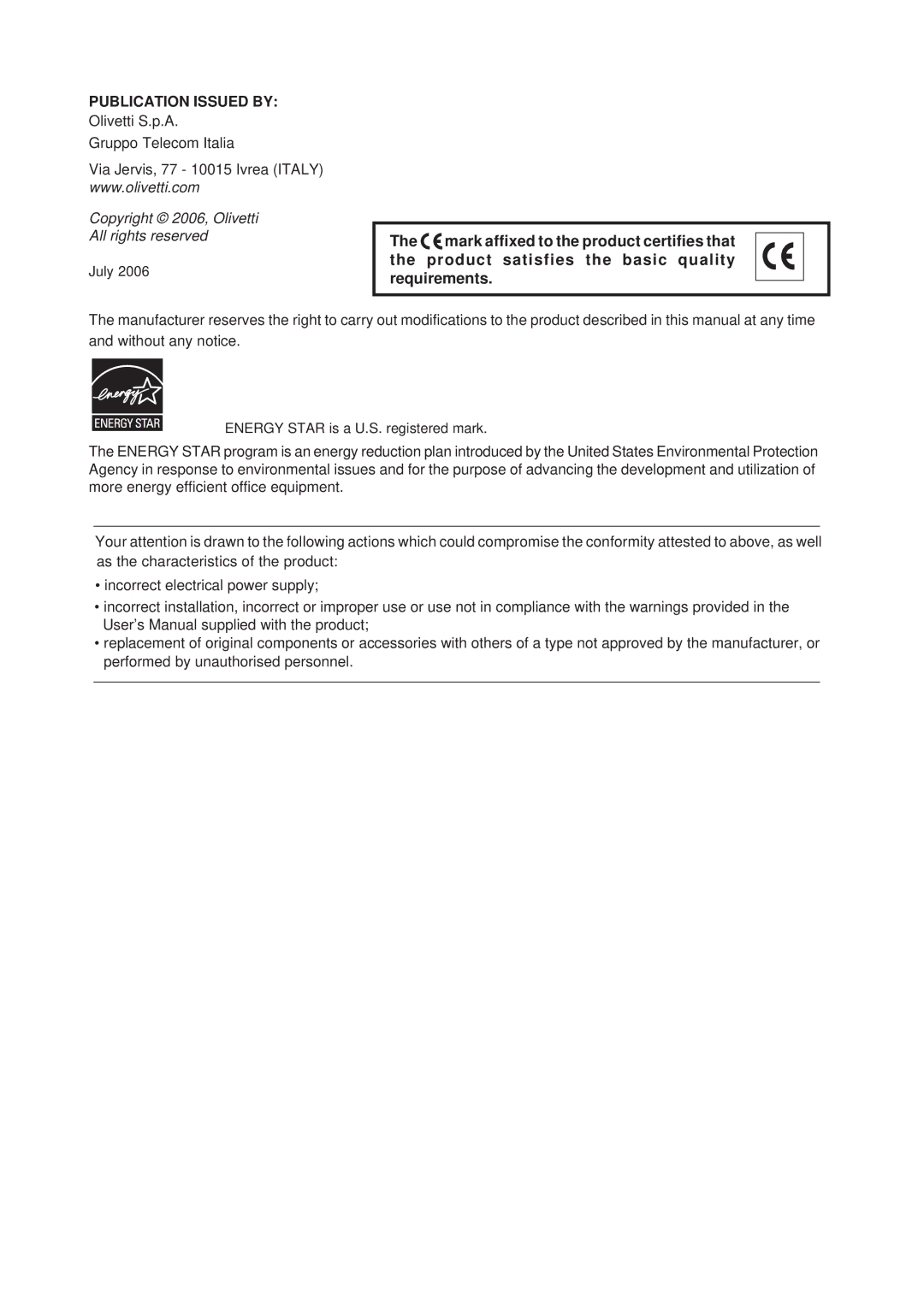 Olivetti D-COPIA 300MF, D-COPIA 500MF, D-COPIA 400MF manual Publication Issued by 