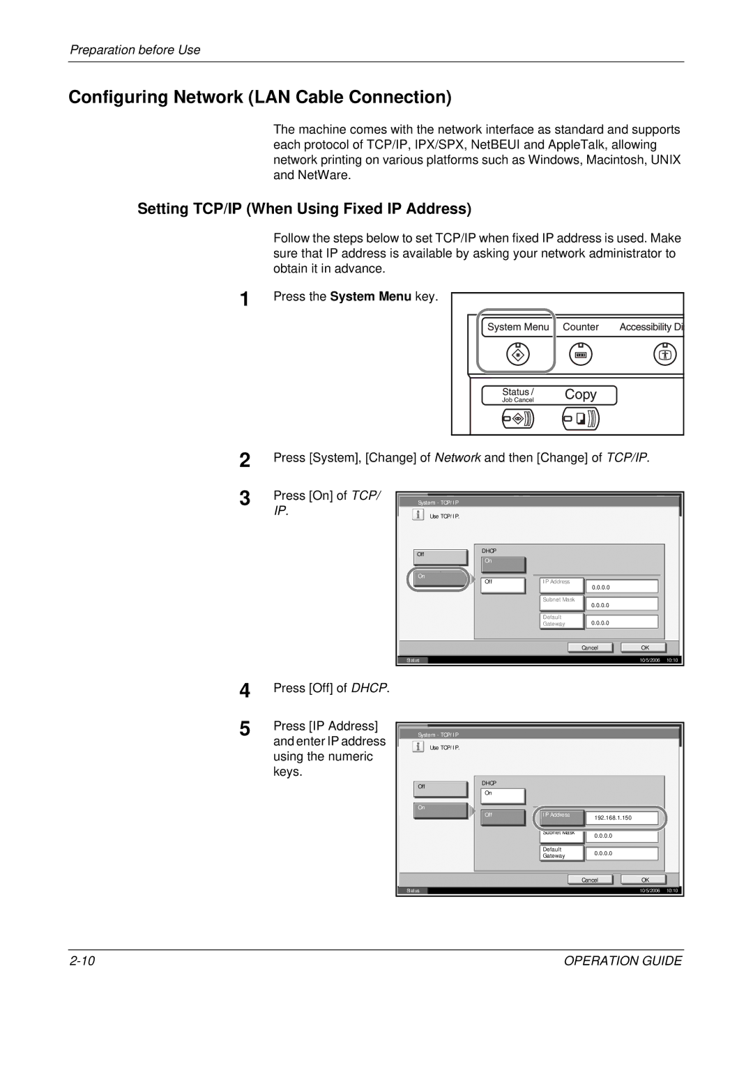 Olivetti D-COPIA 500MF Configuring Network LAN Cable Connection, Setting TCP/IP When Using Fixed IP Address, System TCP/IP 