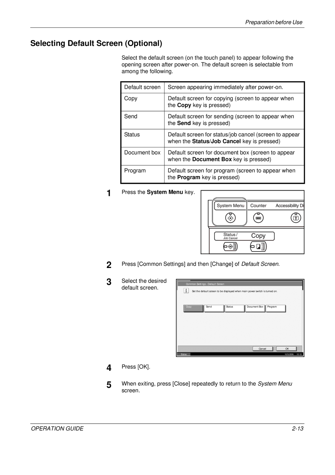 Olivetti D-COPIA 500MF, D-COPIA 300MF Selecting Default Screen Optional, Common Settings Default Screen, Copy SendEnglish 