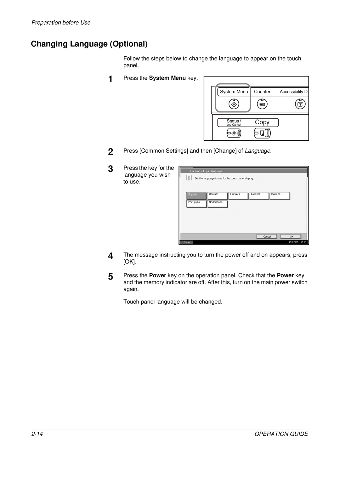 Olivetti D-COPIA 300MF Changing Language Optional, Again Touch panel language will be changed, Common Settings Language 