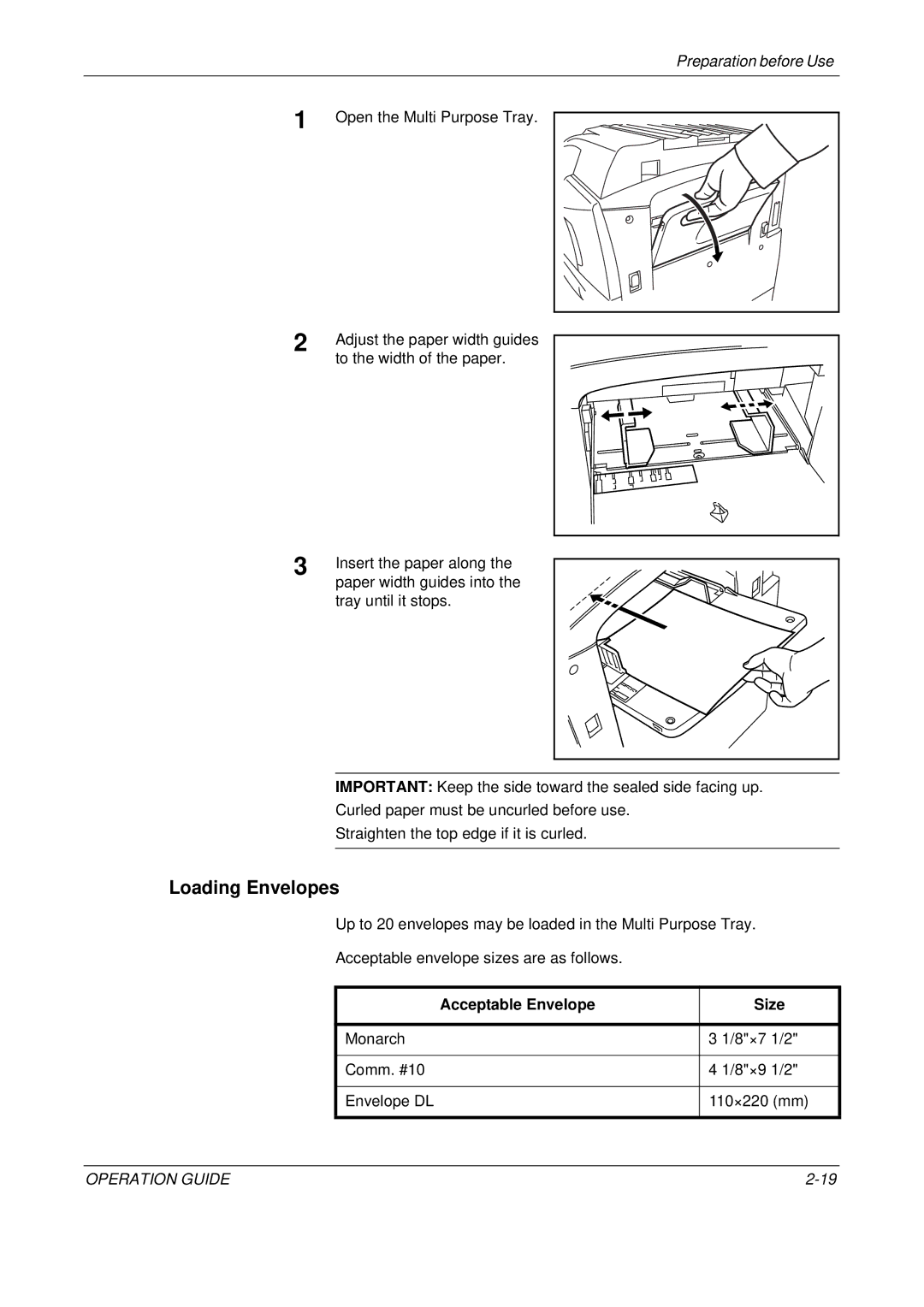 Olivetti D-COPIA 500MF, D-COPIA 300MF, D-COPIA 400MF manual Loading Envelopes, Acceptable Envelope Size 