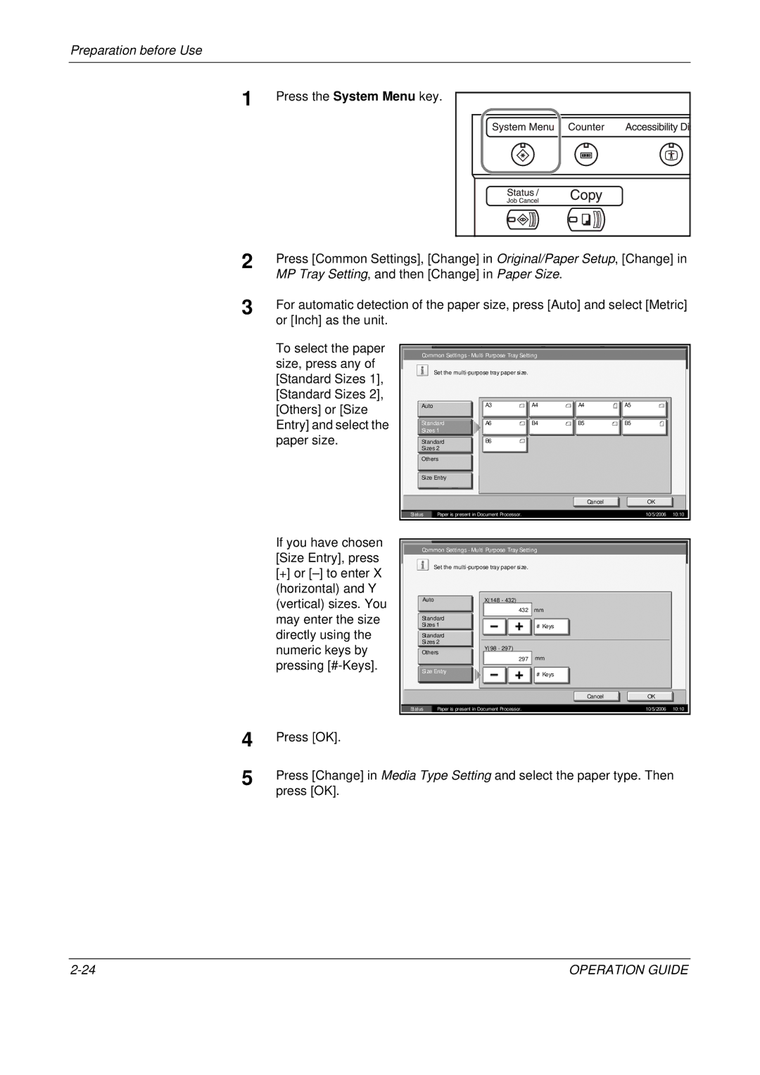 Olivetti D-COPIA 400MF MP Tray Setting , and then Change in Paper Size, Or Inch as the unit, Standard Sizes, Size Entry 