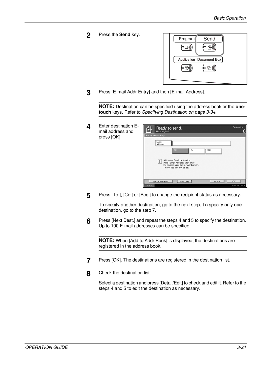 Olivetti D-COPIA 400MF, D-COPIA 500MF manual Destination, go to the step, Up to 100 E-mail addresses can be specified 