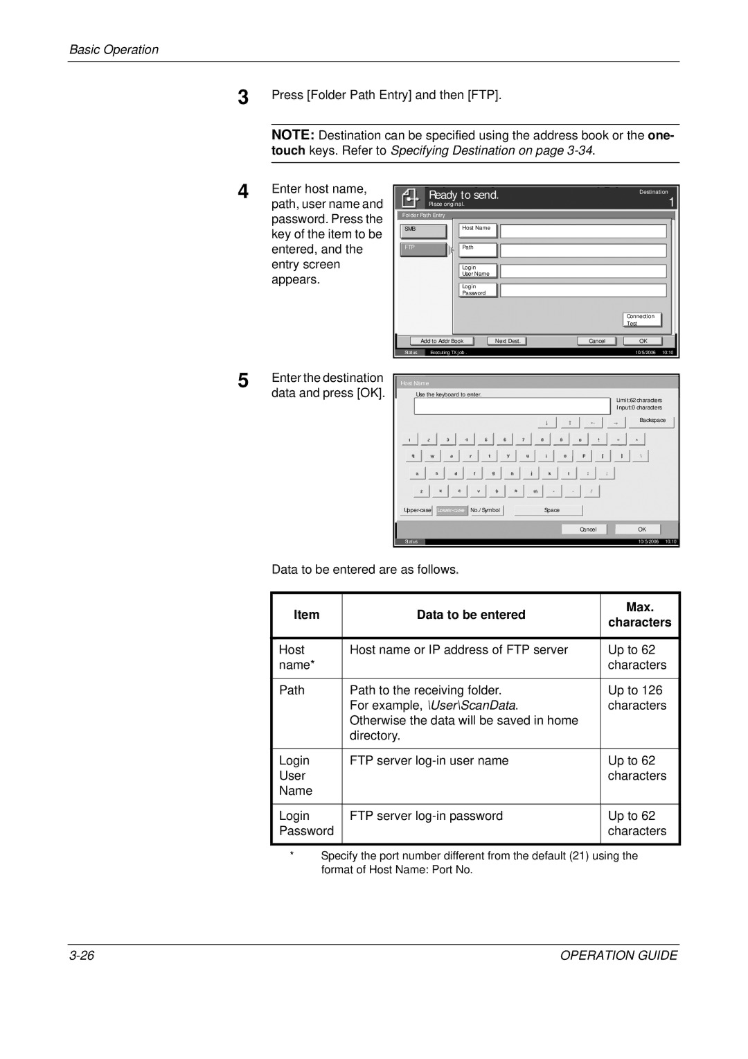 Olivetti D-COPIA 300MF, D-COPIA 500MF Press Folder Path Entry and then FTP, Touch keys. Refer to Specifying Destination on 