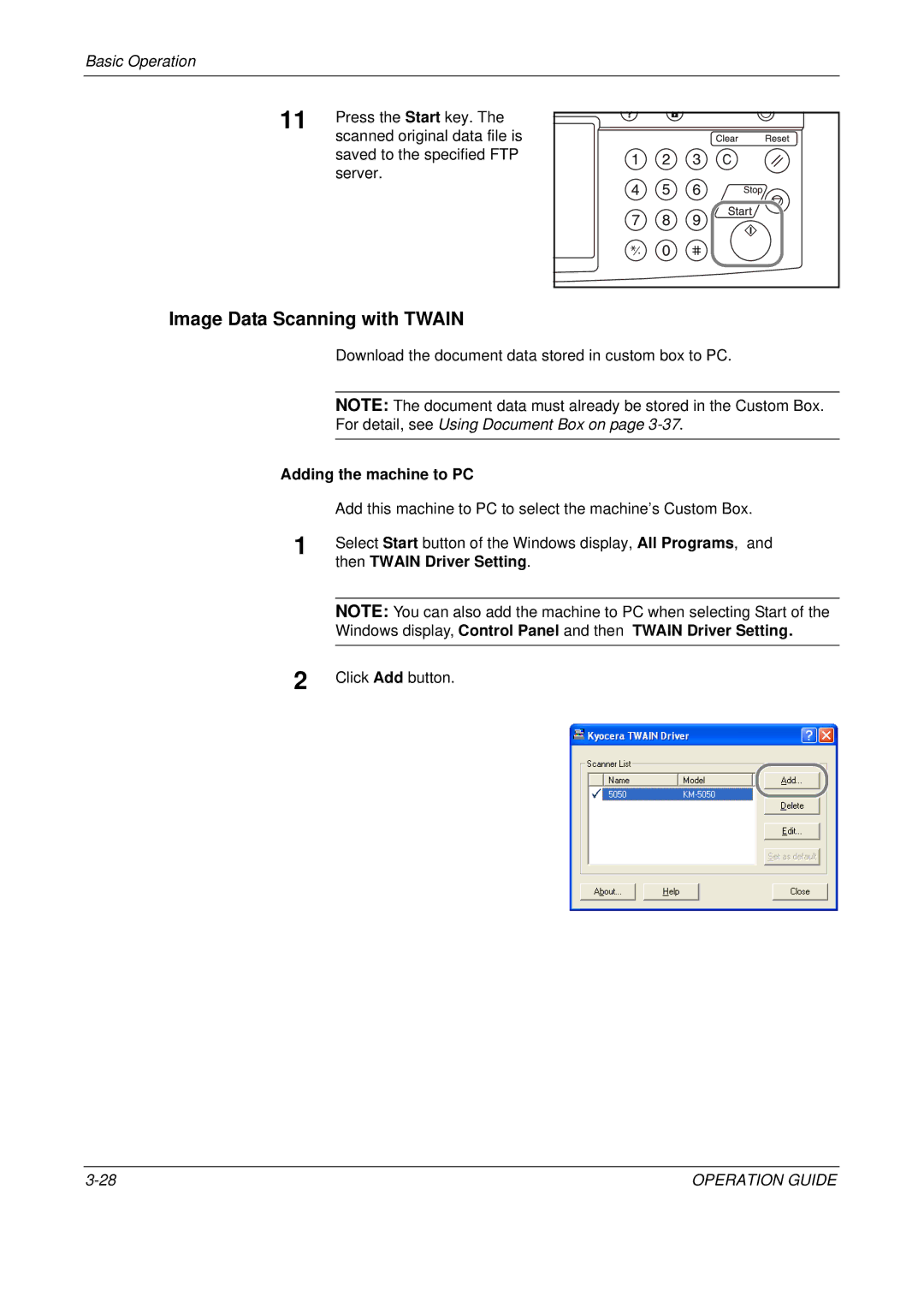 Olivetti D-COPIA 500MF Image Data Scanning with Twain, For detail, see Using Document Box on, Adding the machine to PC 