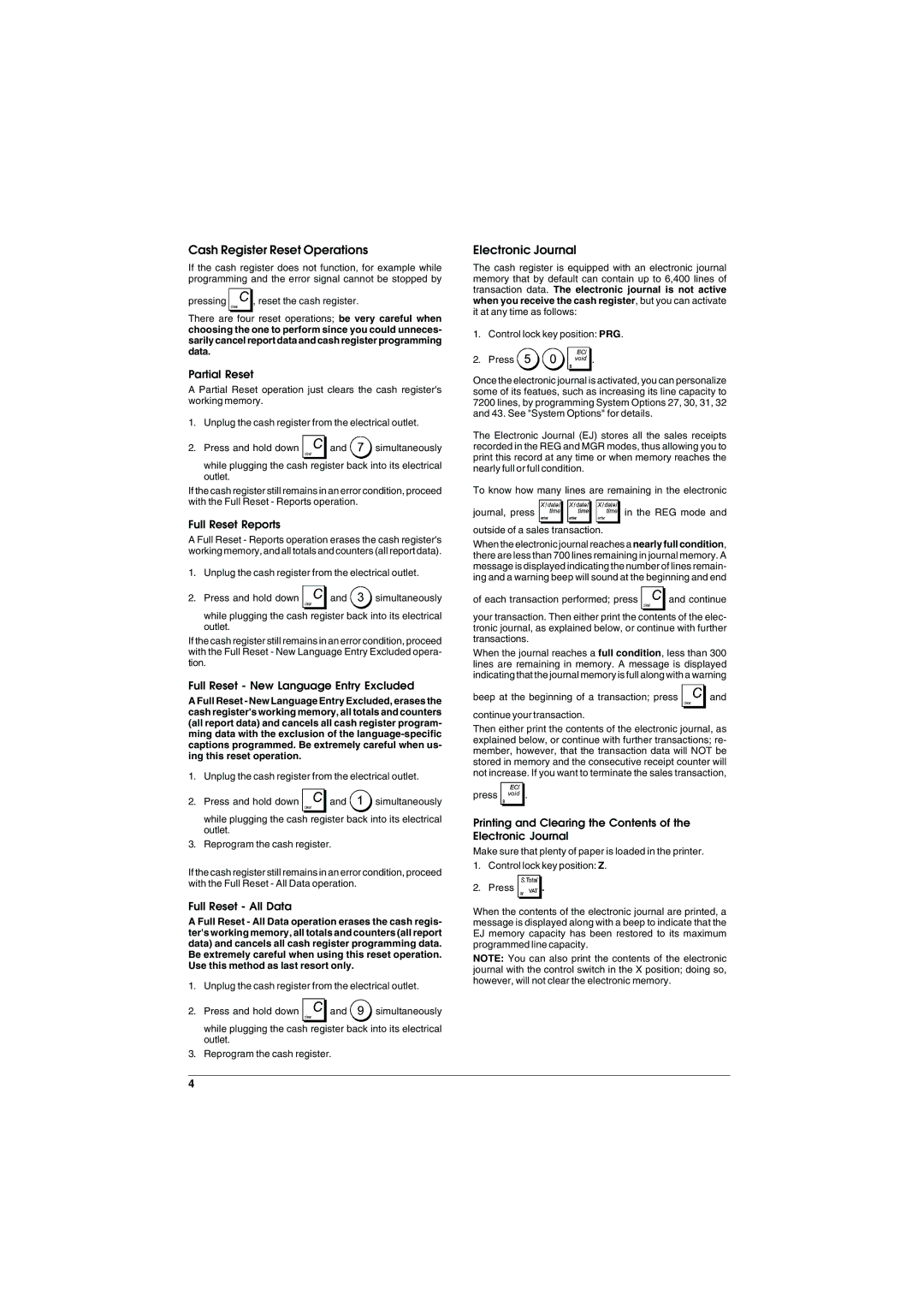 Olivetti ECR 5900 manual Cash Register Reset Operations, Electronic Journal 