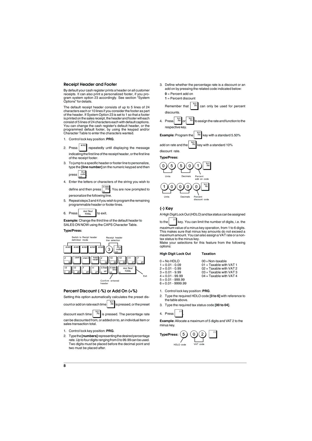 Olivetti ECR 5900 manual Receipt Header and Footer, Percent Discount -% or Add On +%, Key, High Digit Lock Out Taxation 