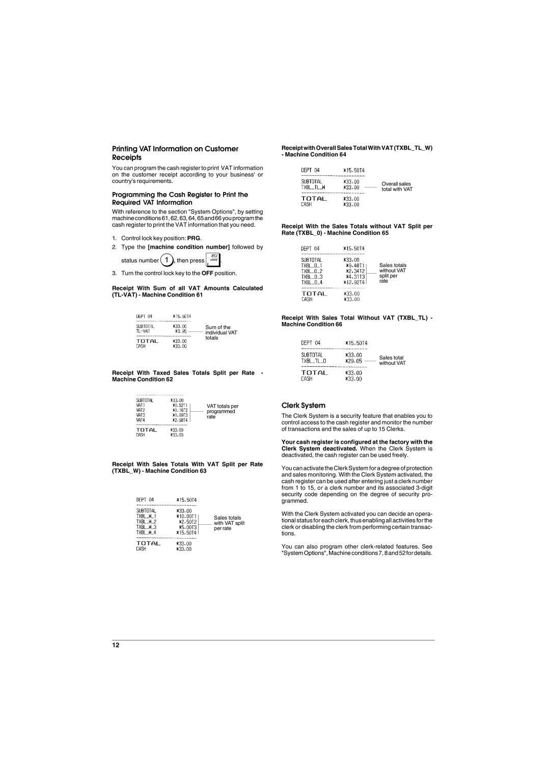 Olivetti ECR 5900 manual Printing VAT Information on Customer Receipts, Clerk System 