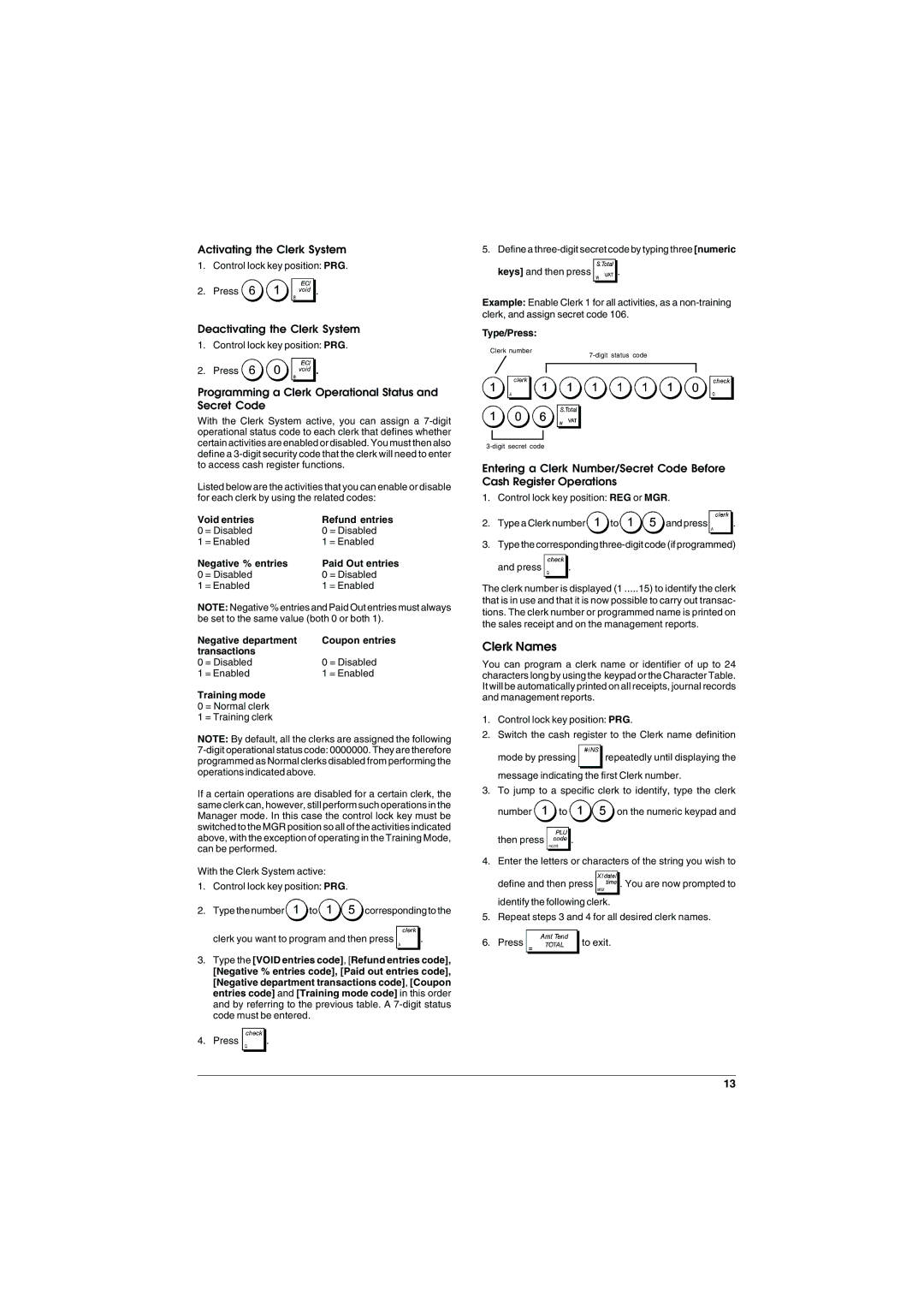 Olivetti ECR 5900 manual Clerk Names, Activating the Clerk System, Deactivating the Clerk System 