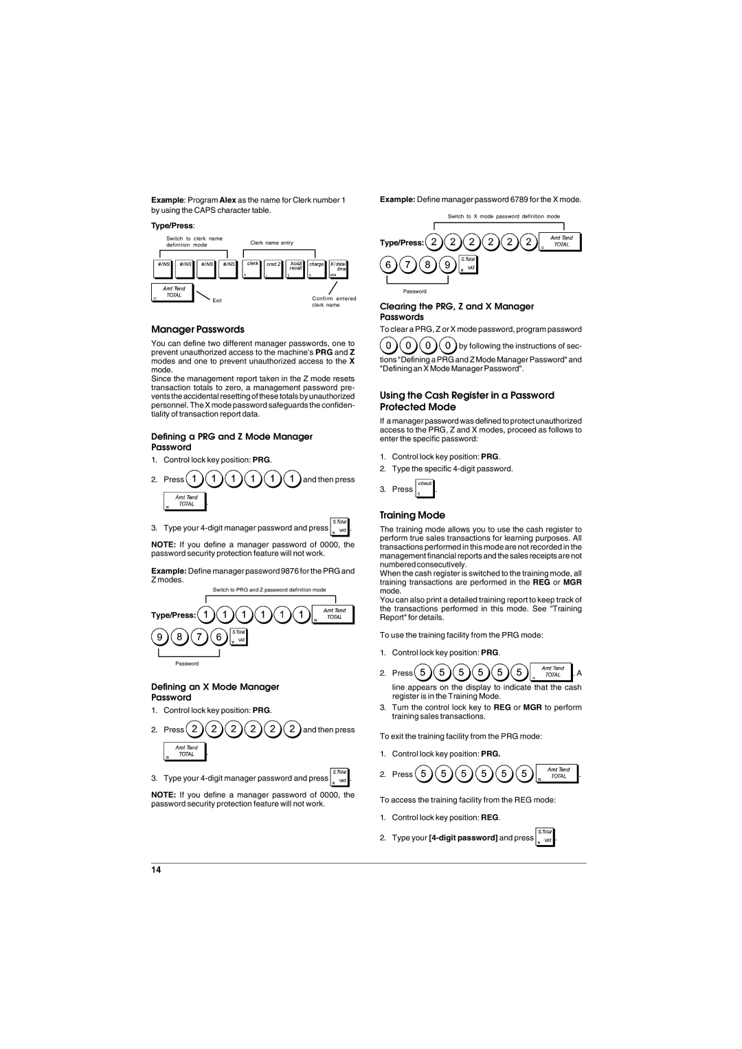 Olivetti ECR 5900 manual Manager Passwords, Using the Cash Register in a Password Protected Mode, Training Mode 