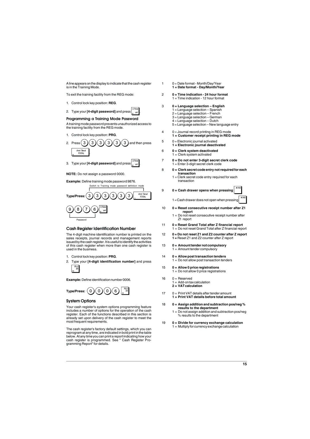 Olivetti ECR 5900 manual Cash Register Identification Number, System Options, Programming a Training Mode Password 