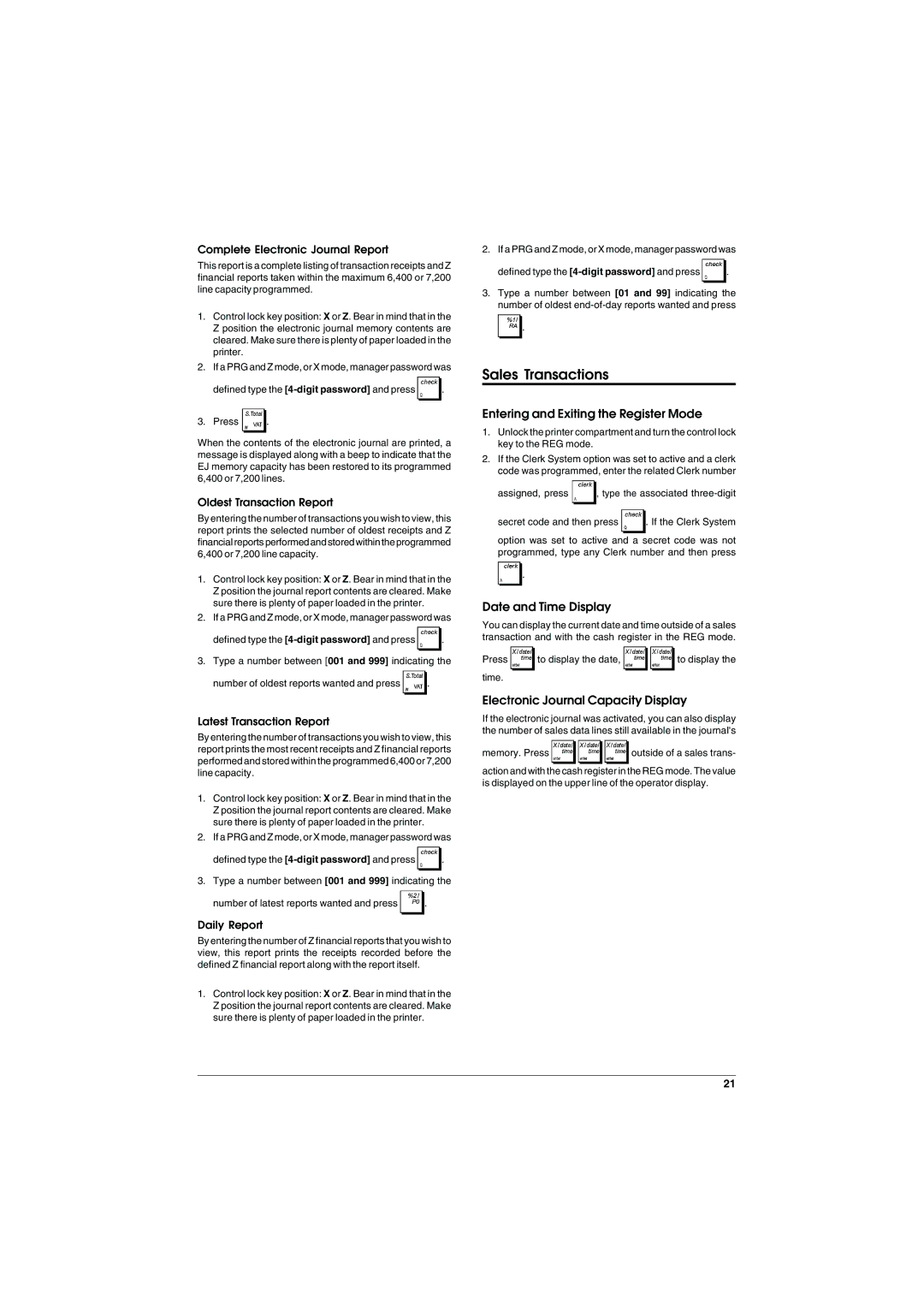 Olivetti ECR 5900 manual Sales Transactions, Entering and Exiting the Register Mode, Date and Time Display 