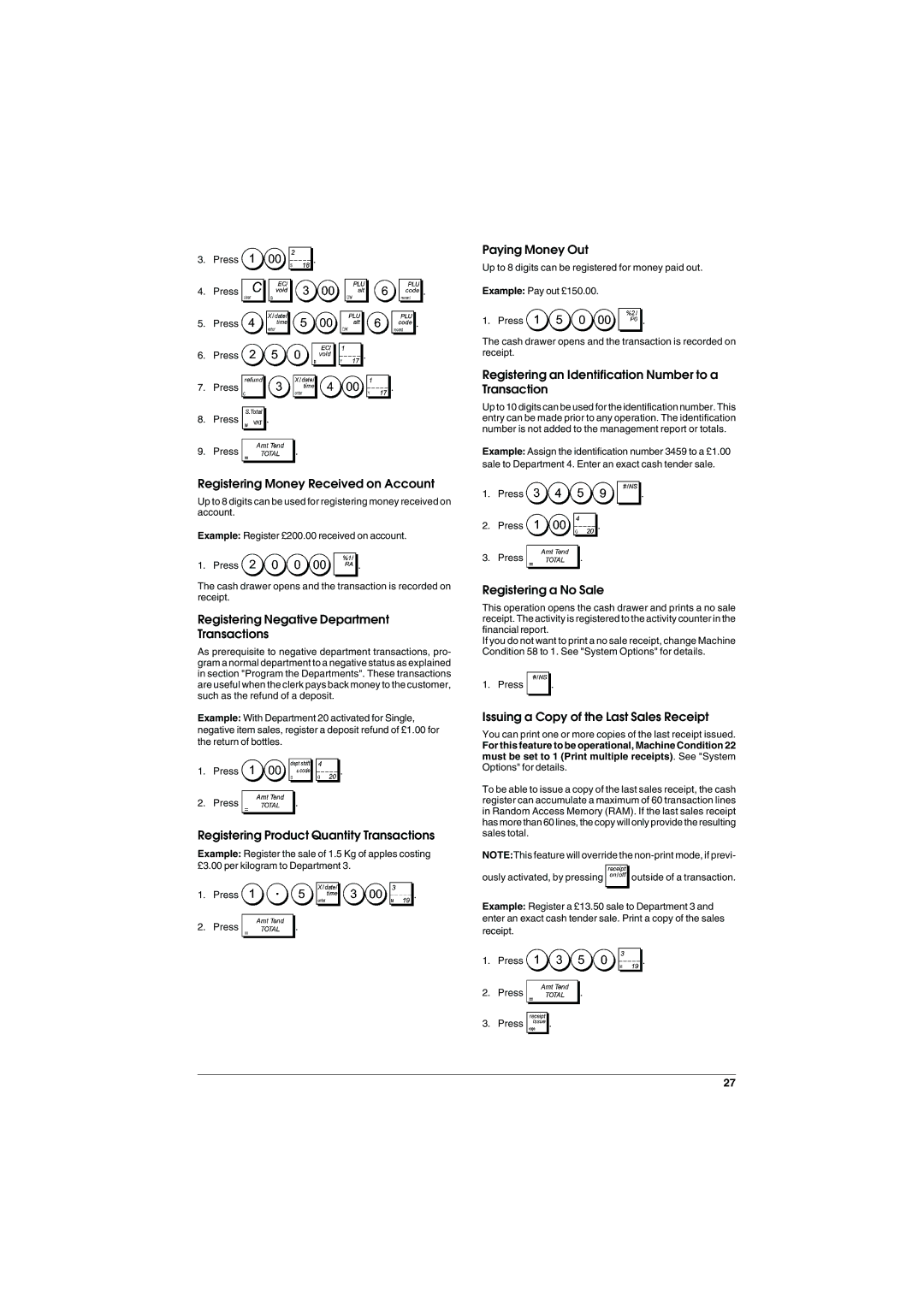 Olivetti ECR 5900 Registering Money Received on Account, Registering Negative Department Transactions, Paying Money Out 