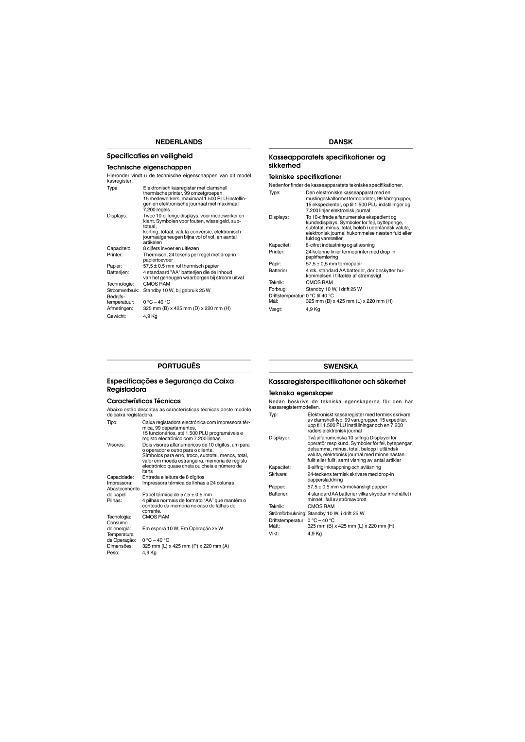 Olivetti ECR 5900 manual Specificaties en veiligheid, Especificações e Segurança da Caixa Registadora 