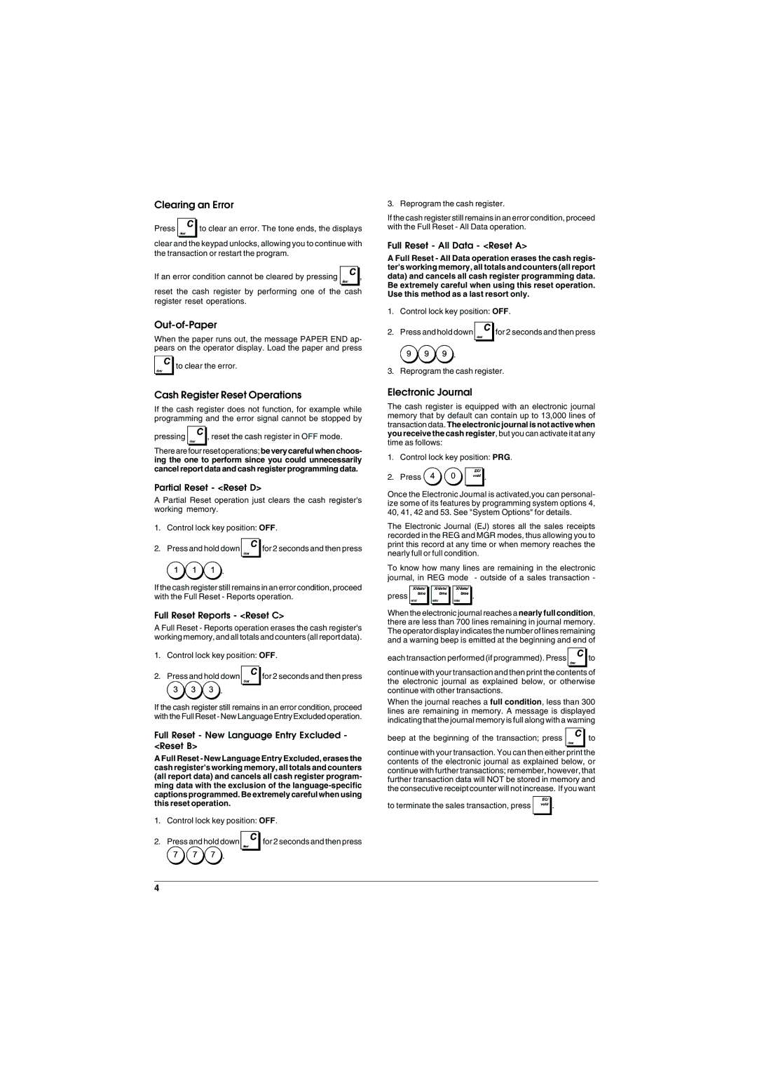 Olivetti ECR 6900 manual Clearing an Error, Out-of-Paper, Cash Register Reset Operations, Electronic Journal 