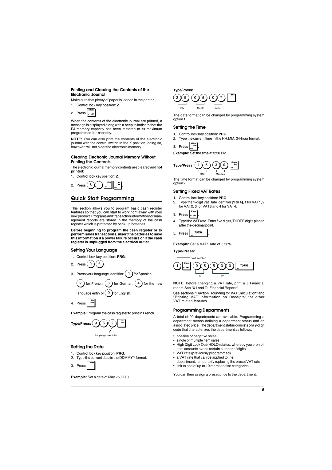 Olivetti ECR 6900 manual Setting Your Language, Setting the Date, Setting the Time, Setting Fixed VAT Rates 