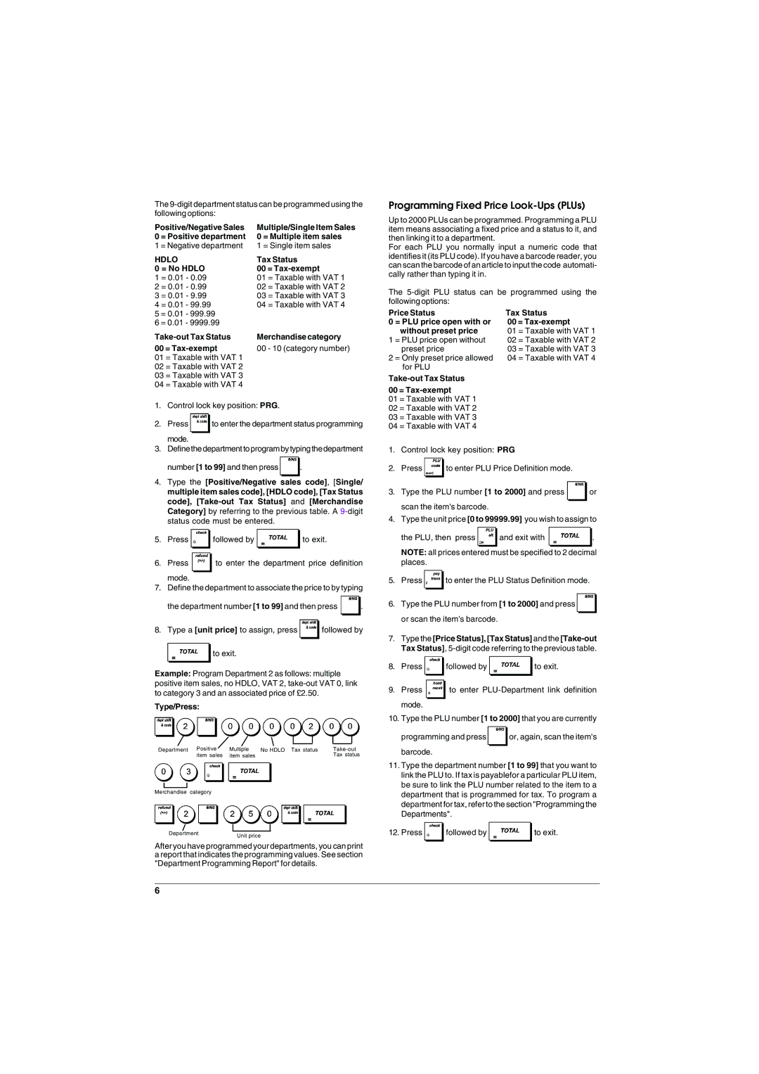 Olivetti ECR 6900 manual Programming Fixed Price Look-Ups PLUs, Tax Status, = No Hdlo 00 = Tax-exempt 