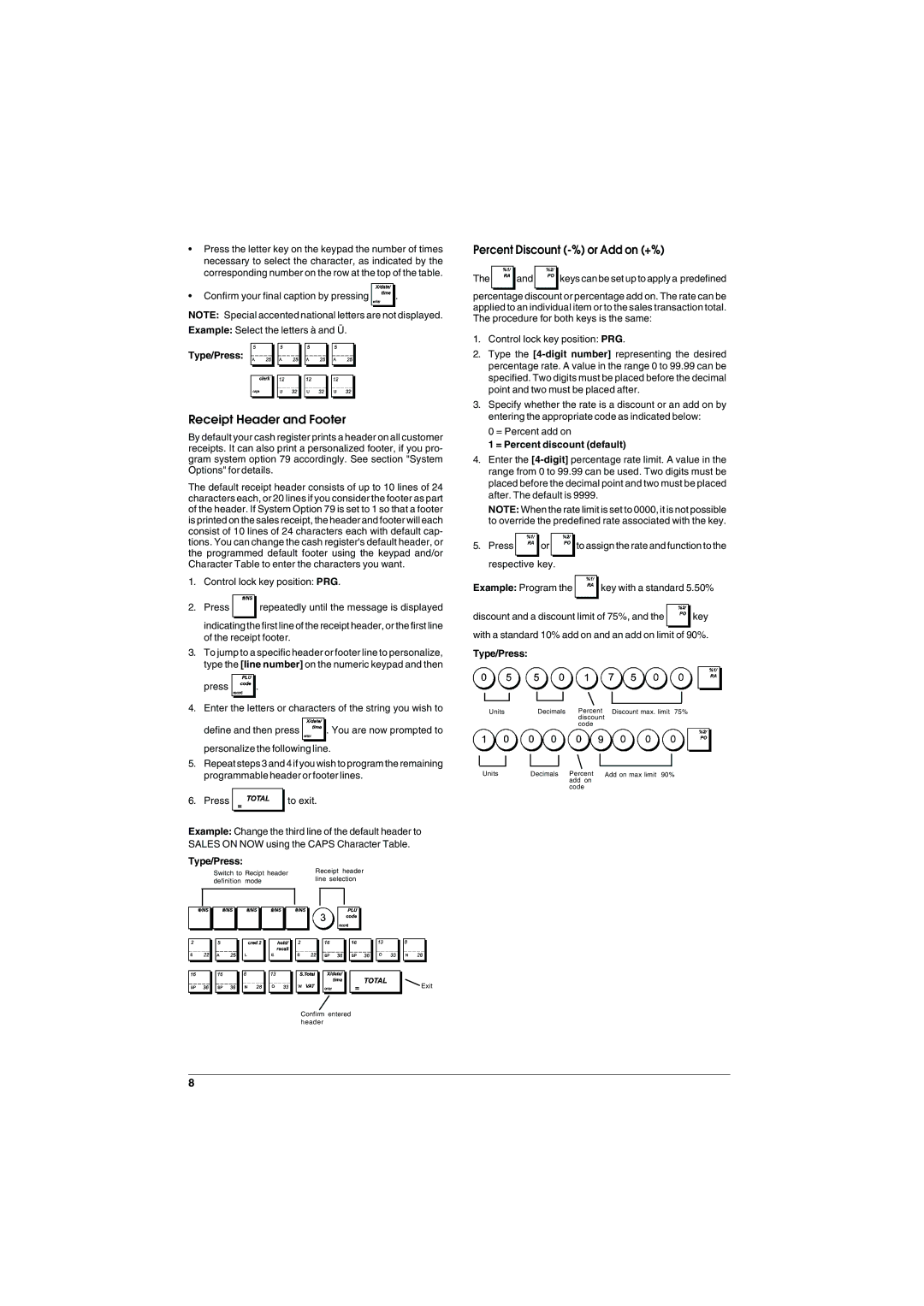 Olivetti ECR 6900 manual Receipt Header and Footer, Percent Discount -% or Add on +%, = Percent discount default 