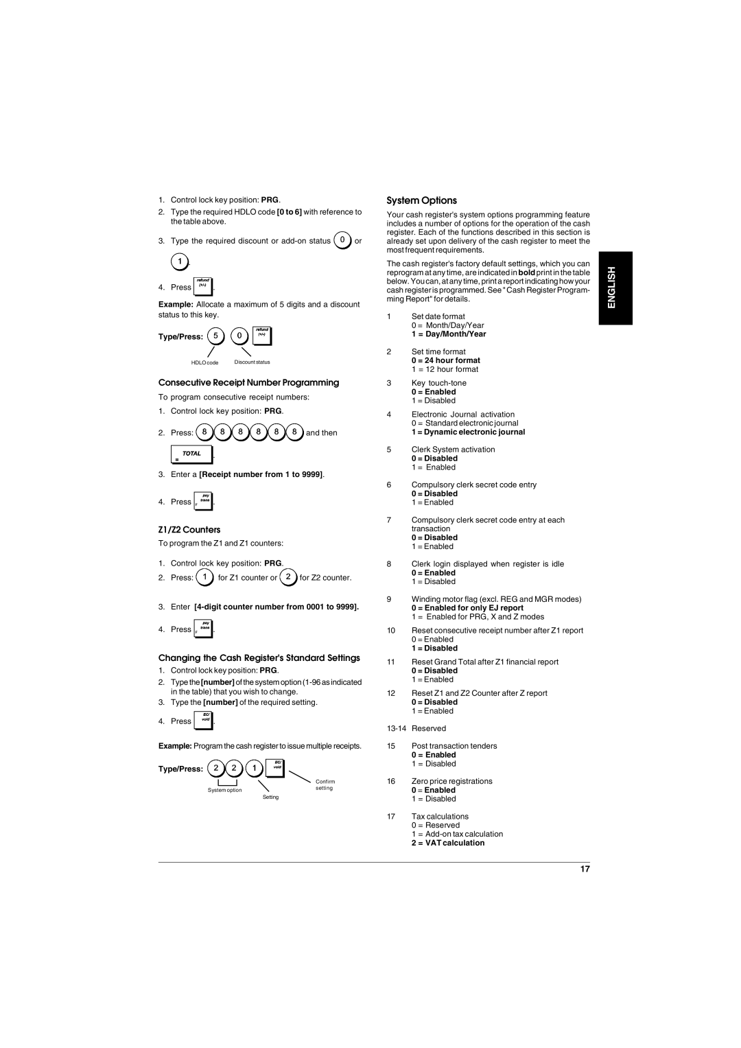 Olivetti ECR 6900 manual System Options, Consecutive Receipt Number Programming, Z1/Z2 Counters 