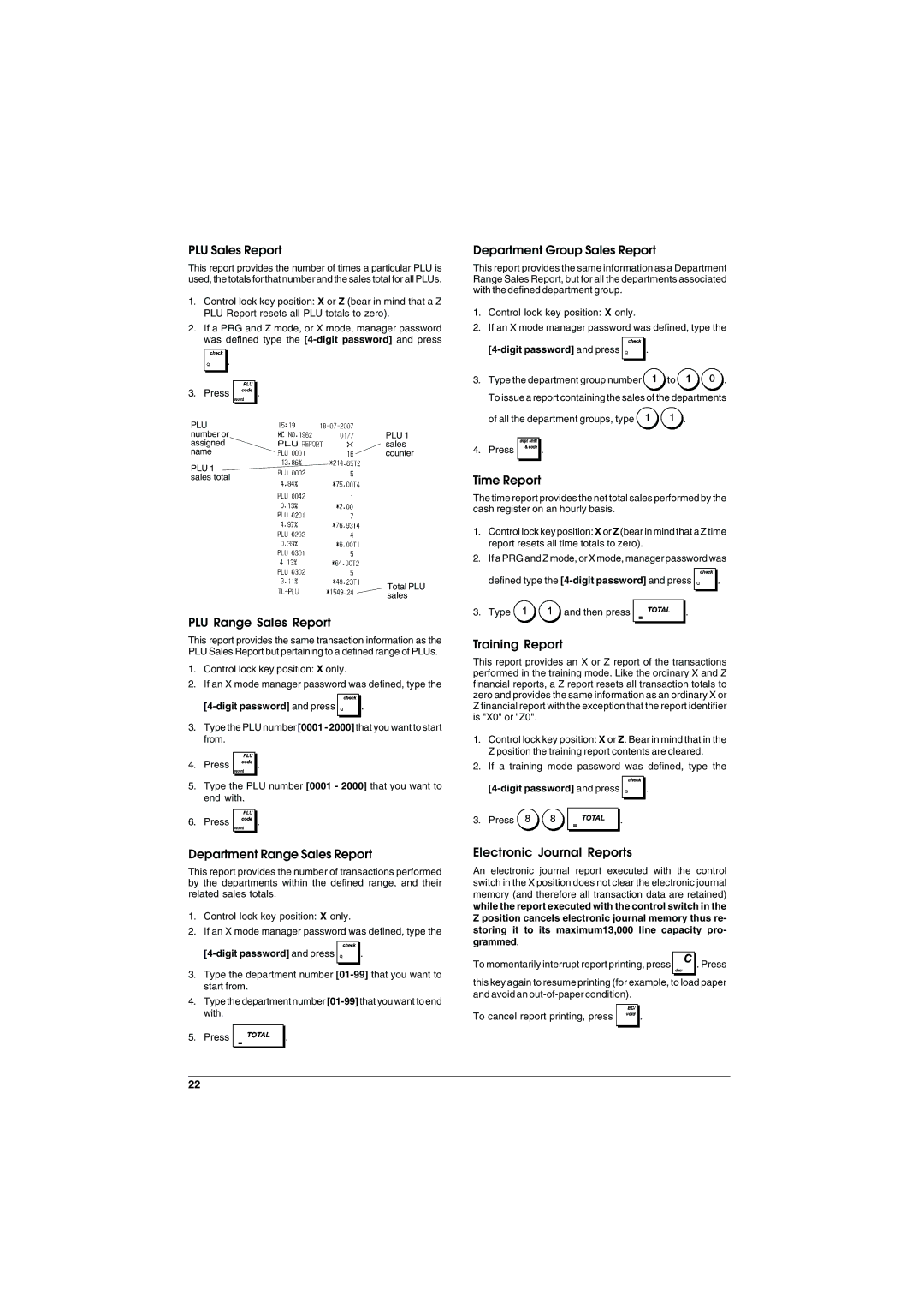 Olivetti ECR 6900 PLU Sales Report, PLU Range Sales Report, Department Range Sales Report, Department Group Sales Report 