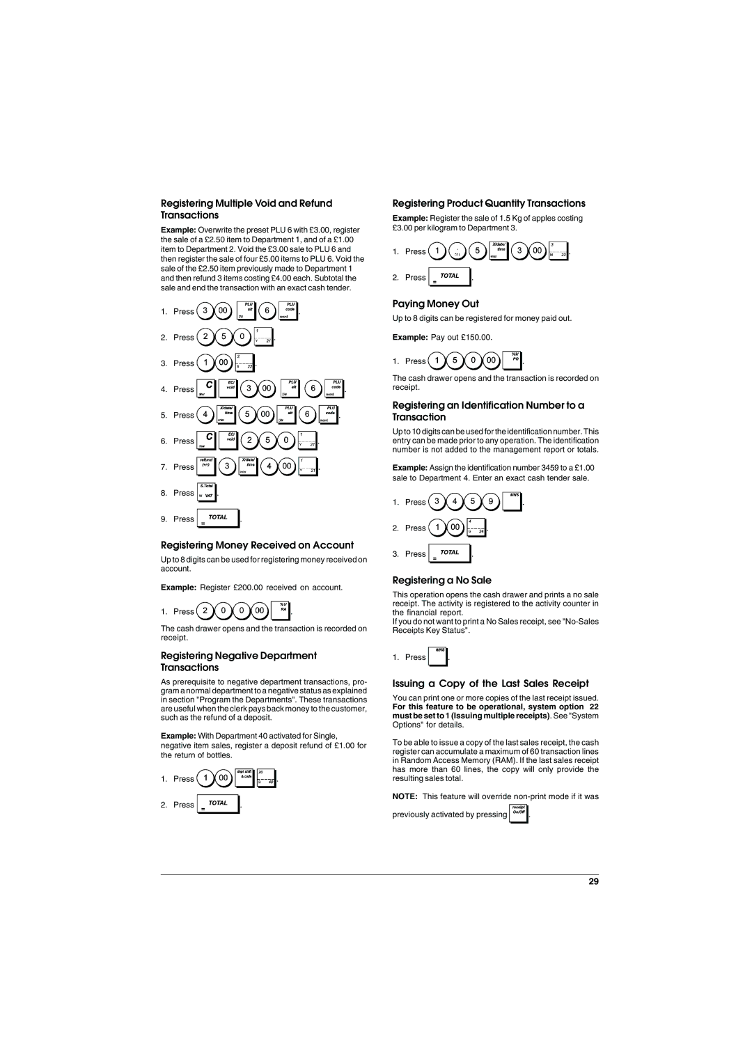 Olivetti ECR 6900 manual Registering Multiple Void and Refund Transactions, Registering Money Received on Account 