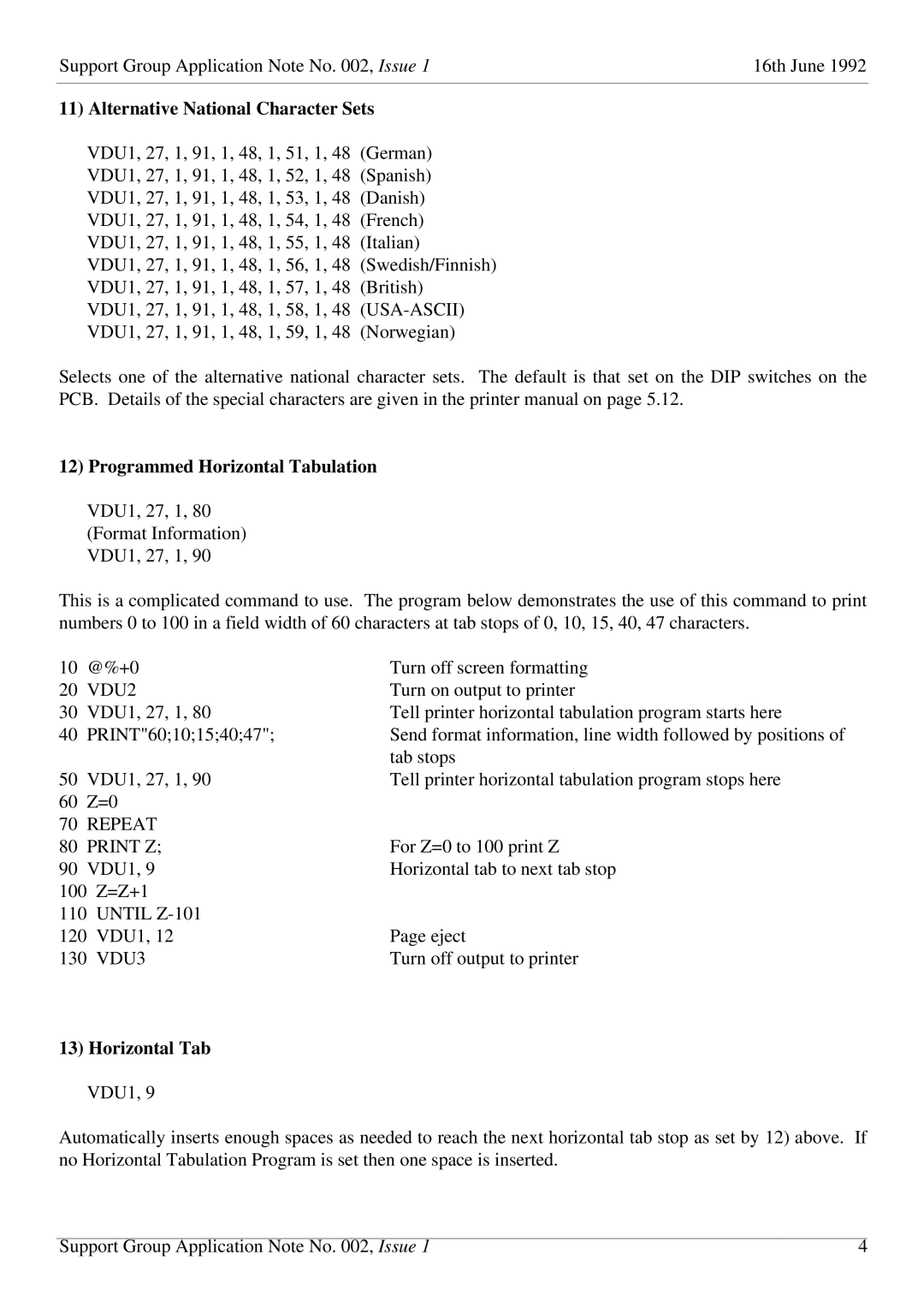 Olivetti JP101 specifications Alternative National Character Sets, Programmed Horizontal Tabulation, VDU2, Repeat Print Z 