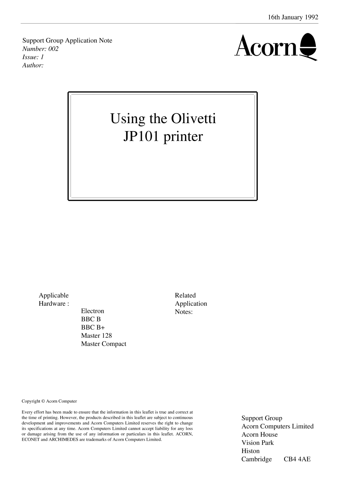 Olivetti specifications Using the Olivetti JP101 printer, Number Issue Author 