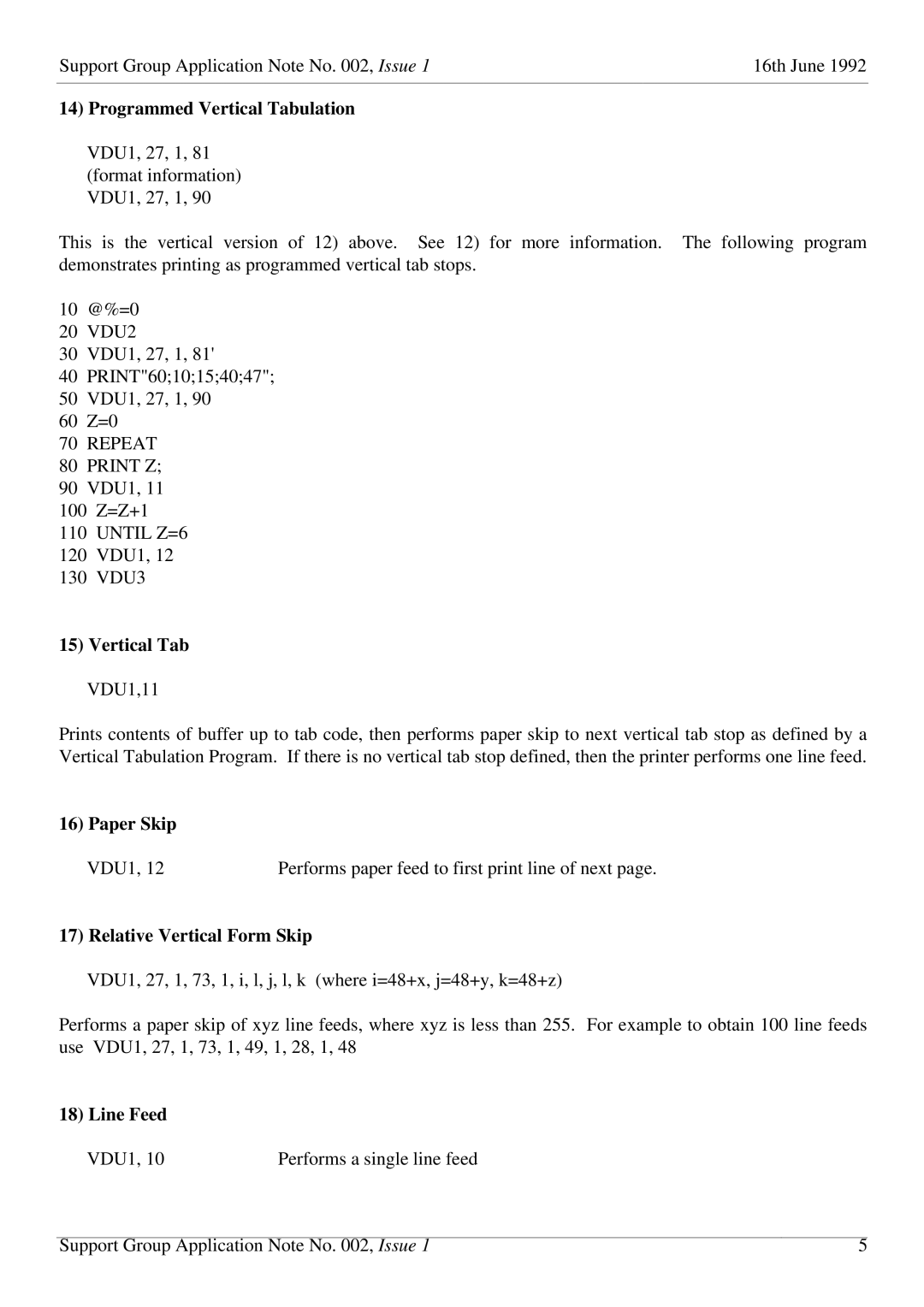 Olivetti JP101 Programmed Vertical Tabulation, Vertical Tab VDU1,11, Paper Skip, Relative Vertical Form Skip, Line Feed 
