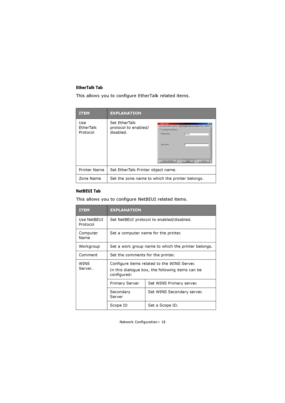 Olivetti P20W, P26W manual EtherTalk Tab, This allows you to configure EtherTalk related items, NetBEUI Tab, Wins 