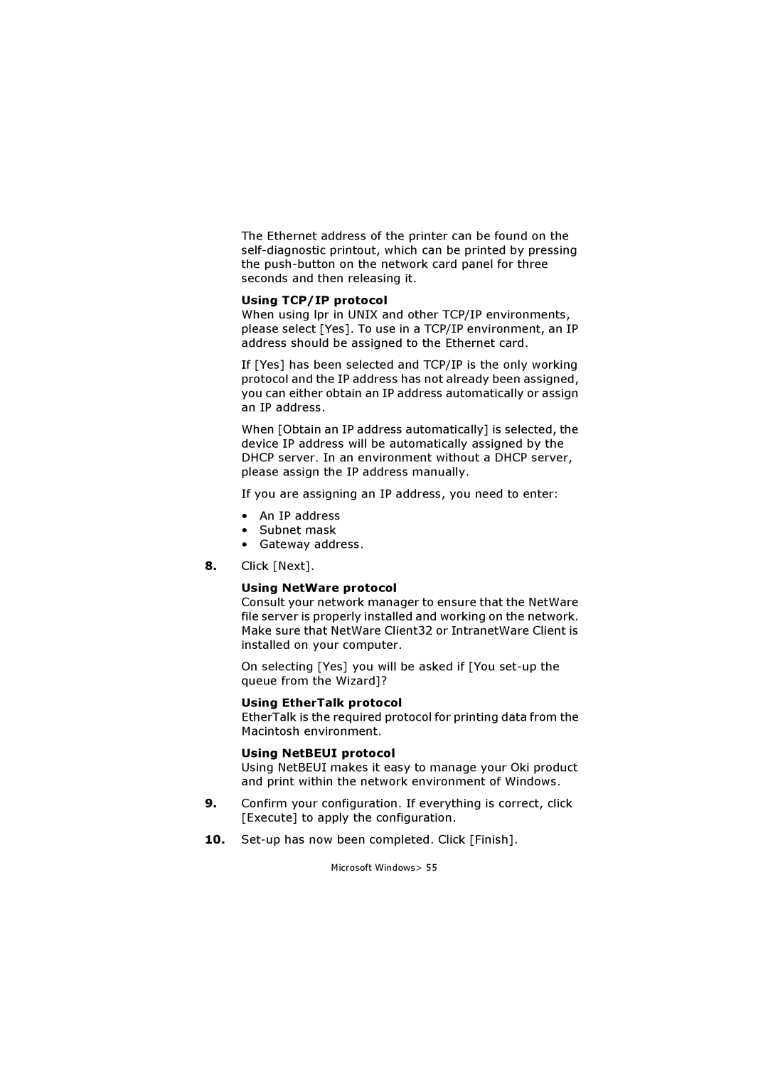 Olivetti P26W, P20W manual Using TCP/IP protocol, Using NetWare protocol, Using EtherTalk protocol, Using NetBEUI protocol 