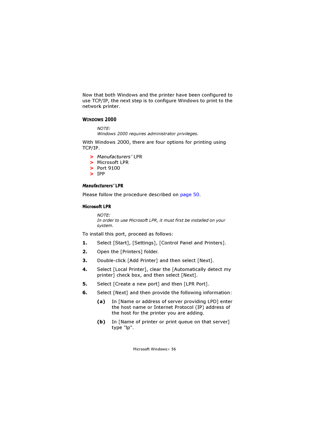 Olivetti P20W, P26W manual Microsoft LPR Port, Please follow the procedure described on 