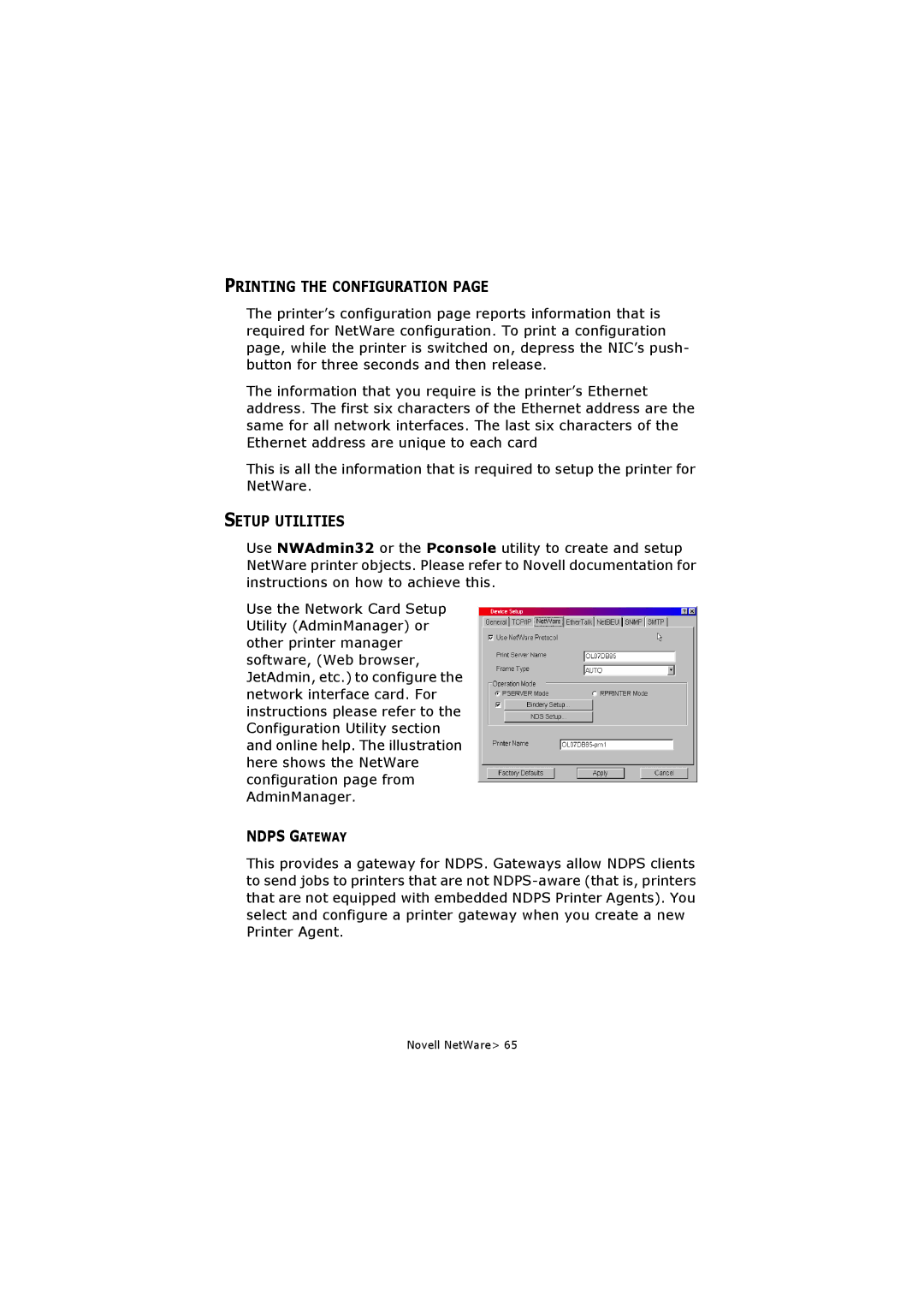 Olivetti P20W, P26W manual Printing the Configuration, Setup Utilities, Ndps Gateway 