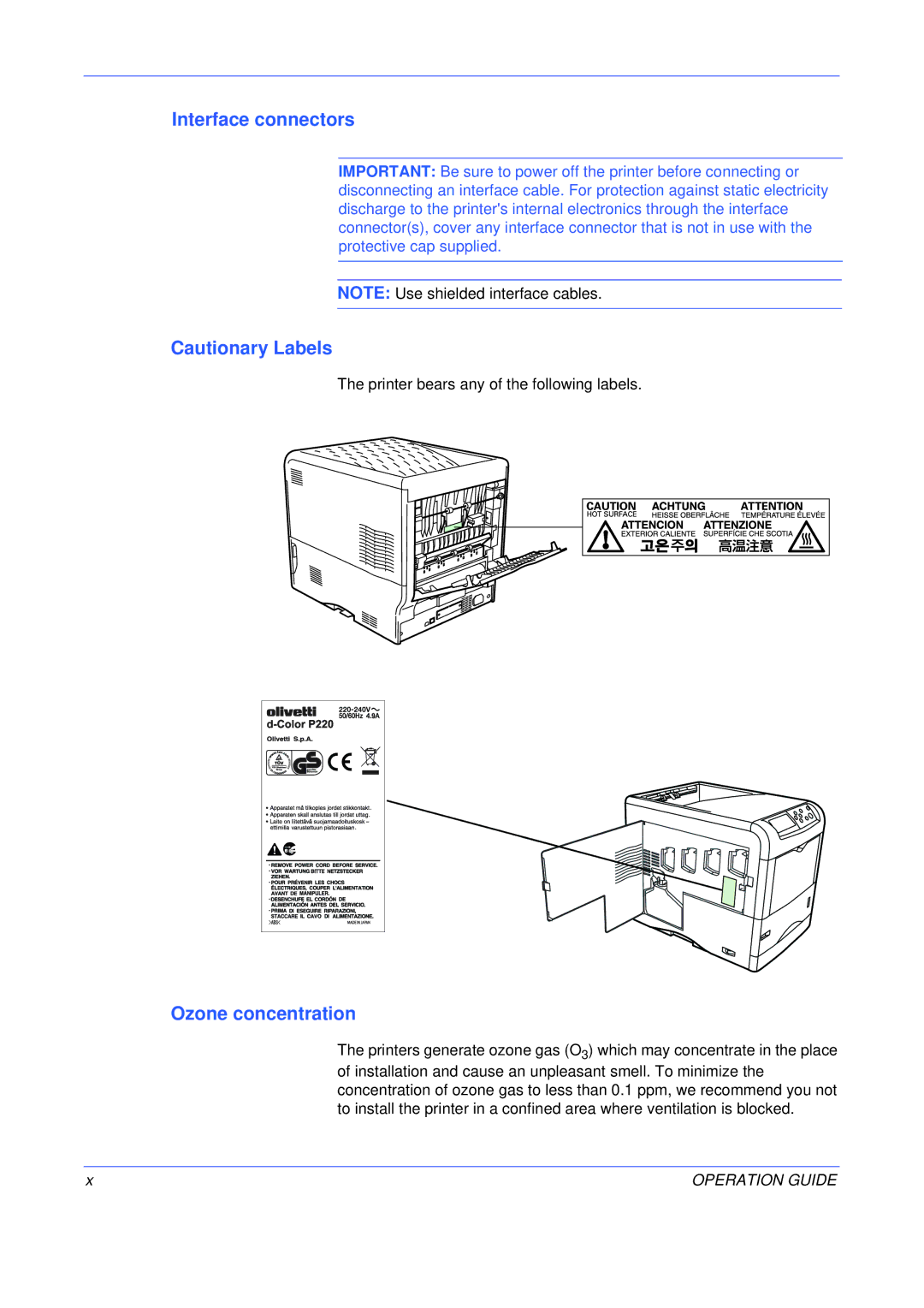 Olivetti P216, P220 manual Interface connectors, Ozone concentration 