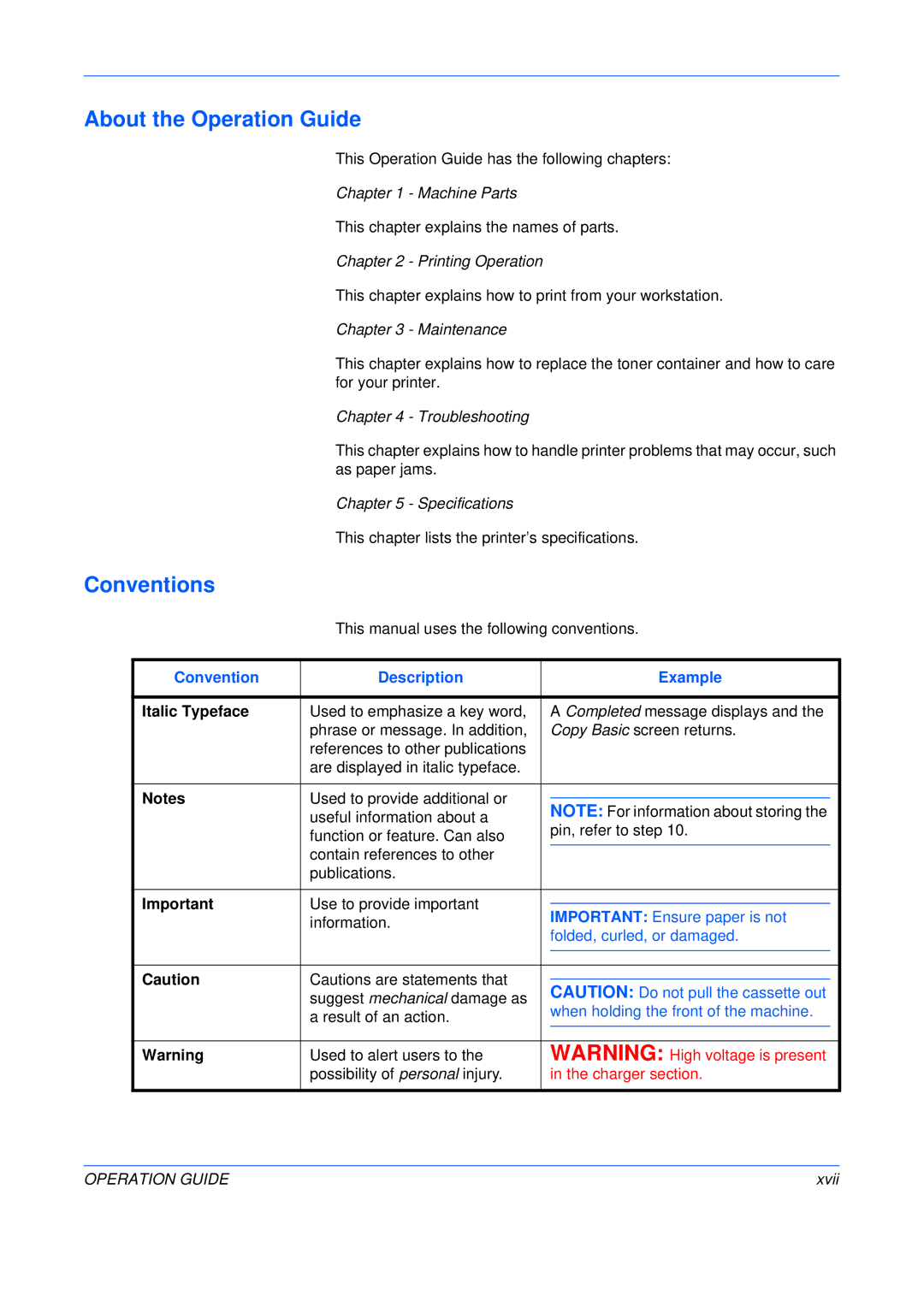 Olivetti P220, P216 manual About the Operation Guide, Conventions, Convention Description Example 