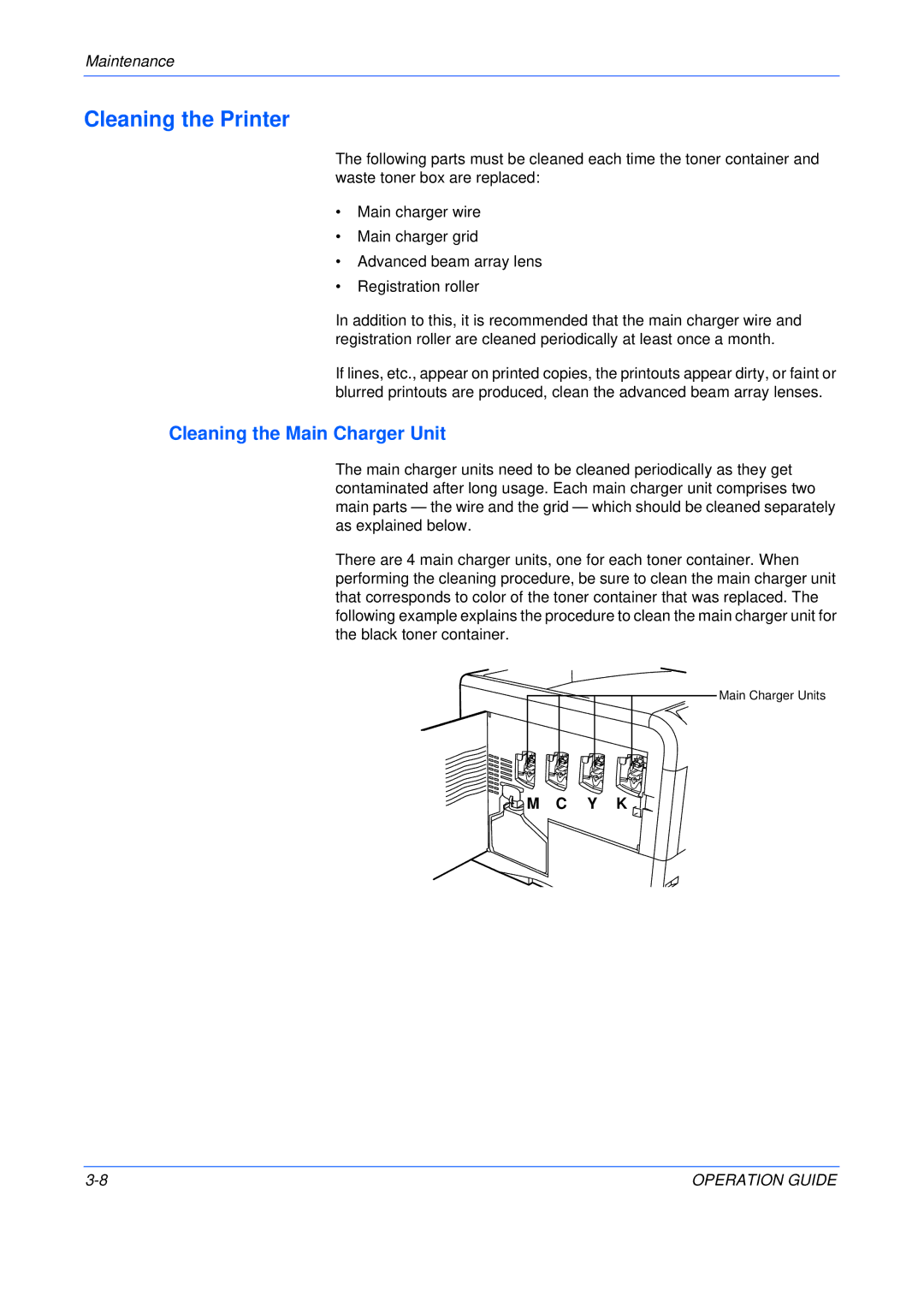 Olivetti P216, P220 manual Cleaning the Printer, Cleaning the Main Charger Unit 