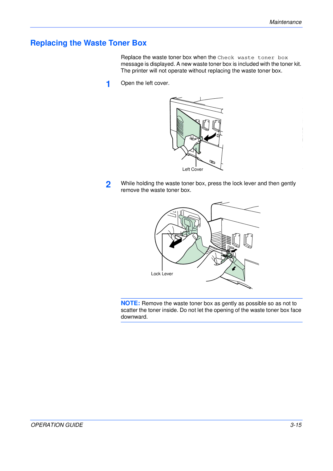 Olivetti P220, P216 manual Replacing the Waste Toner Box 