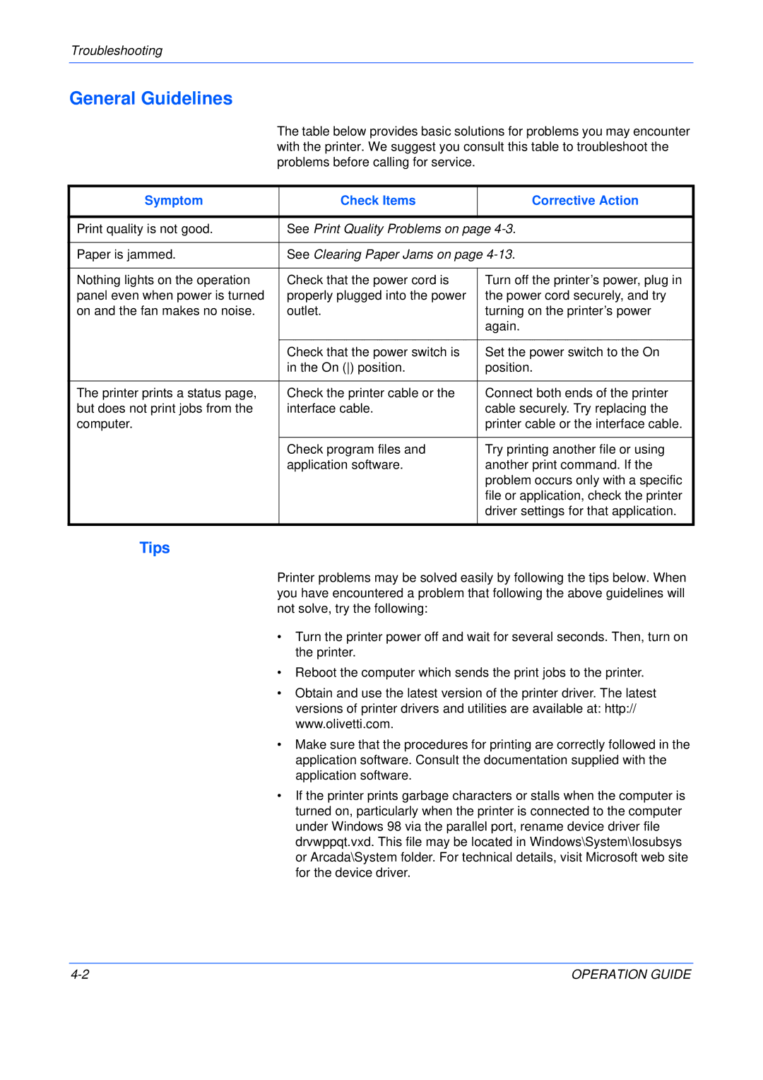 Olivetti P216, P220 manual General Guidelines, Tips, Symptom Check Items Corrective Action, See Print Quality Problems on 