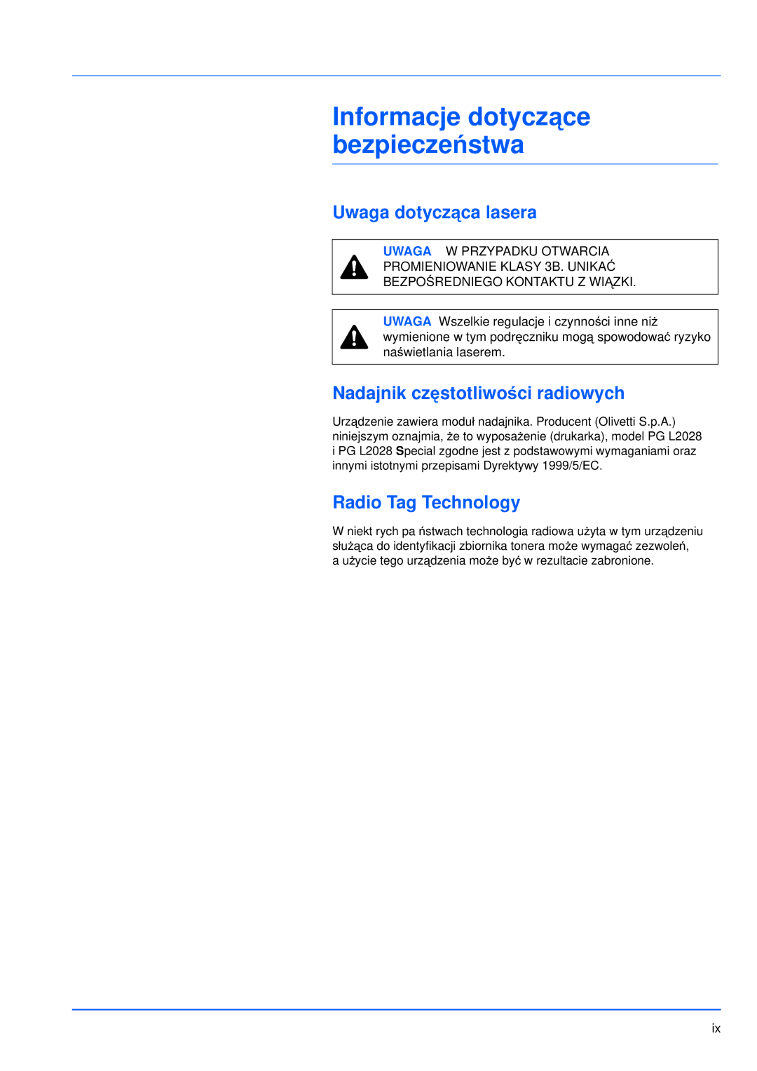 Olivetti PG L2028 SPECIAL manual Uwaga dotycząca lasera, Nadajnik częstotliwości radiowych, Radio Tag Technology 