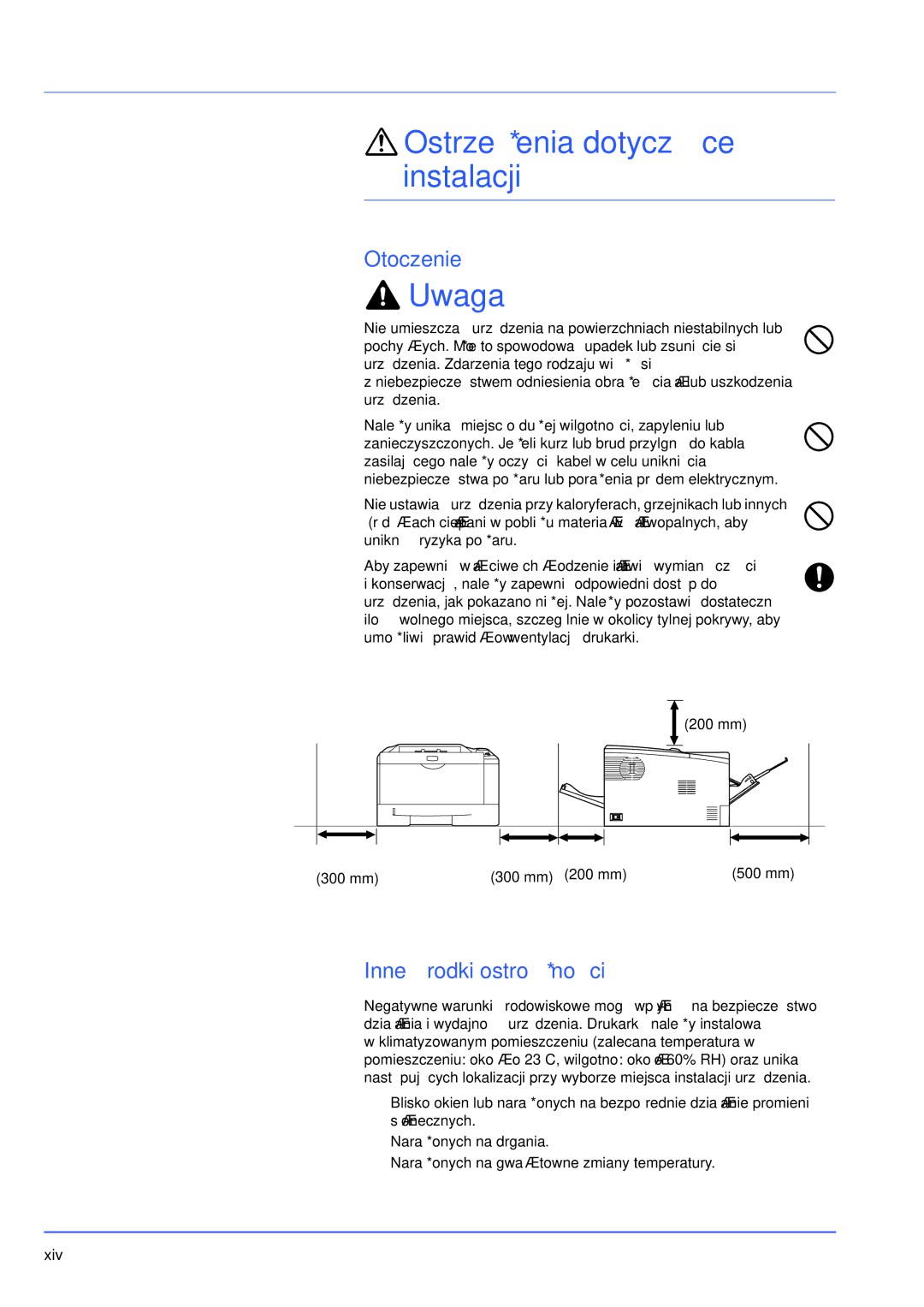 Olivetti PG L2028 SPECIAL manual Ostrzeżenia dotyczące instalacji, Uwaga, Otoczenie, Inne środki ostrożności 