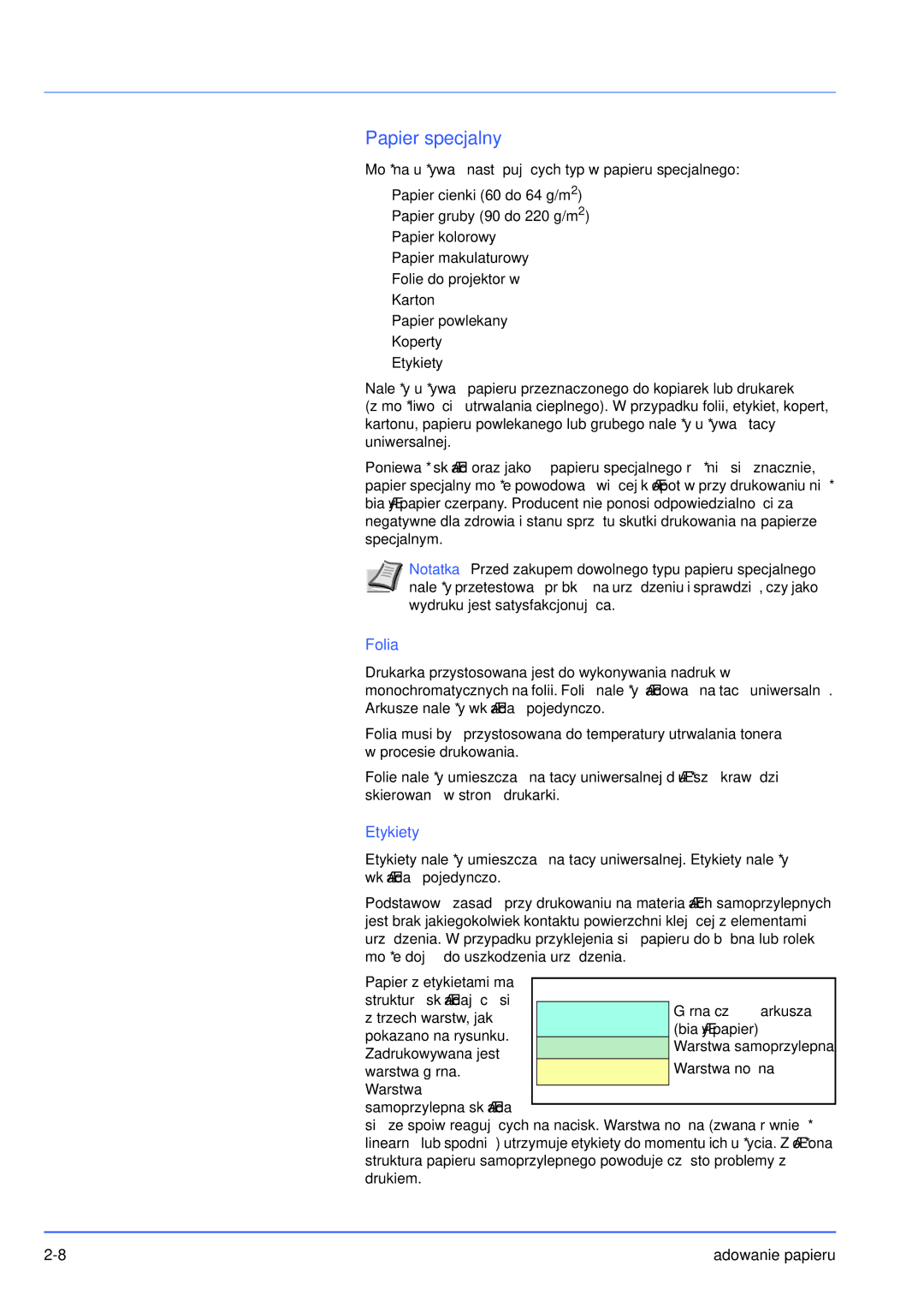 Olivetti PG L2028 SPECIAL manual Papier specjalny, Folia, Etykiety 