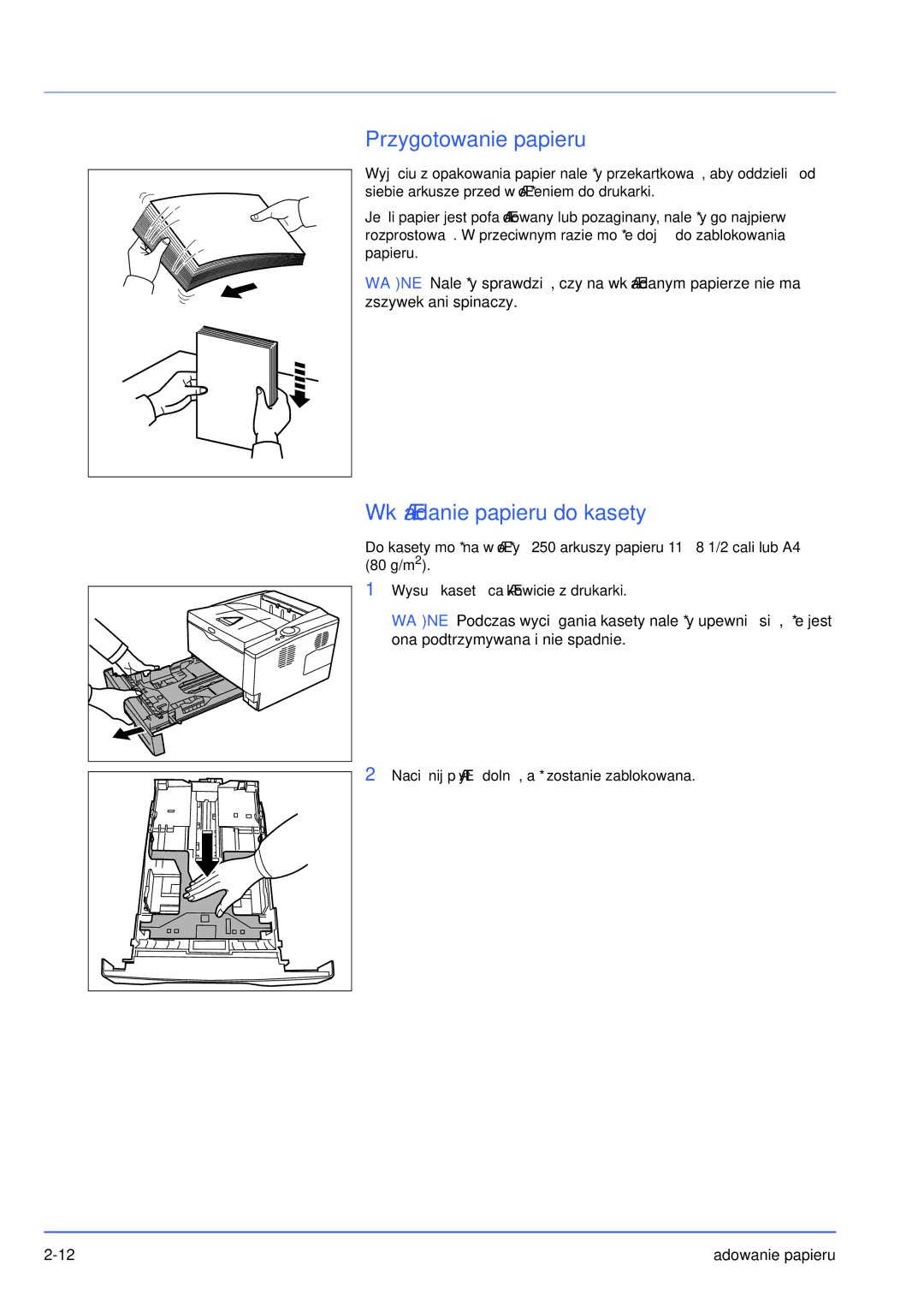 Olivetti PG L2028 SPECIAL manual Przygotowanie papieru, Wkładanie papieru do kasety 