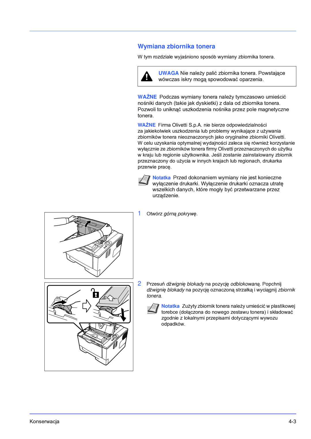 Olivetti PG L2028 SPECIAL manual Wymiana zbiornika tonera, Otwórz górną pokrywę 