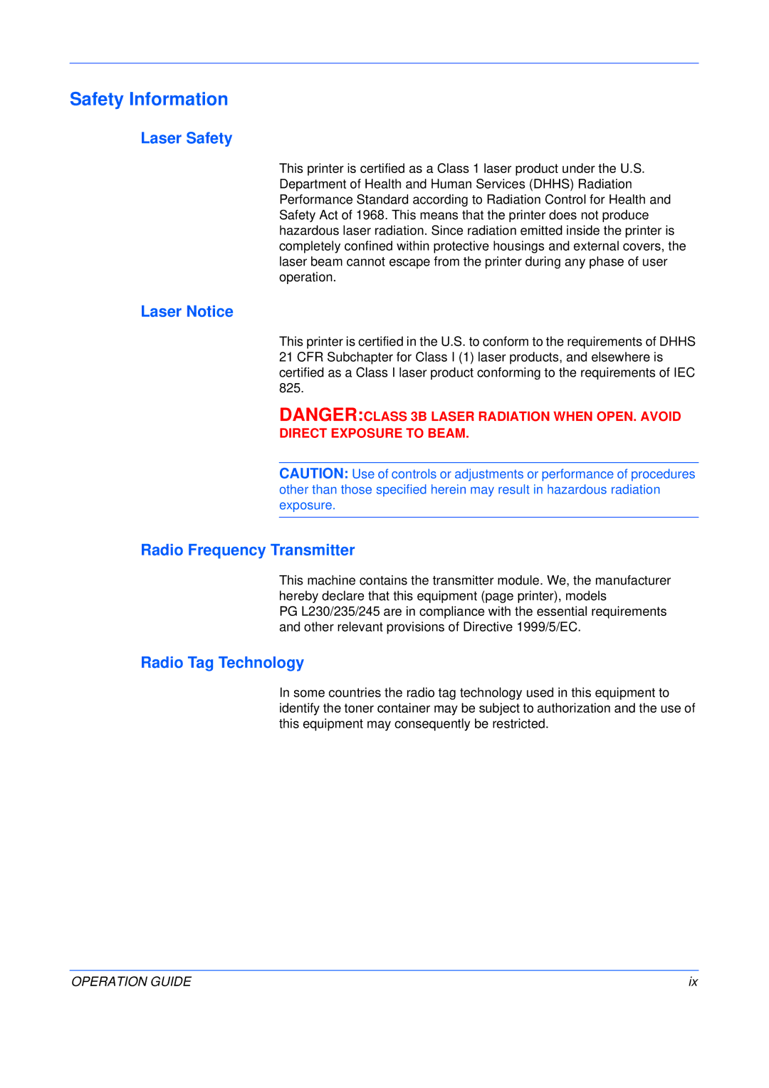 Olivetti PG L230 manual Safety Information, Laser Safety, Laser Notice, Radio Frequency Transmitter, Radio Tag Technology 