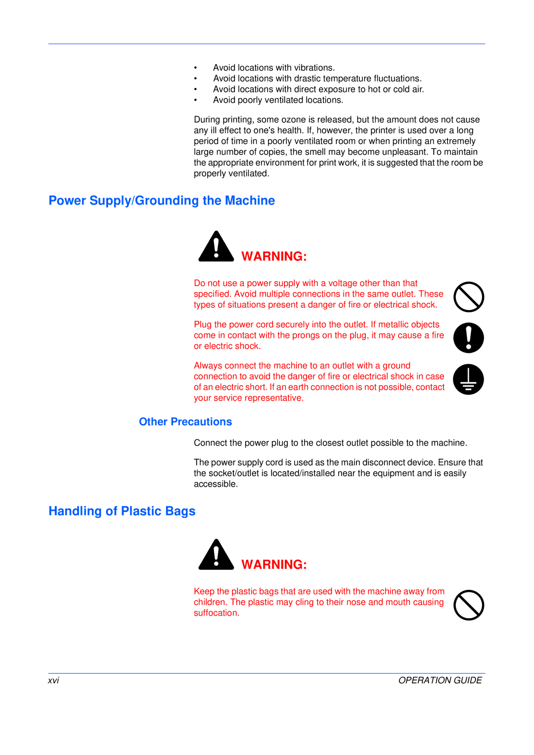 Olivetti PG L245, PG L235, PG L230 manual Power Supply/Grounding the Machine, Handling of Plastic Bags 