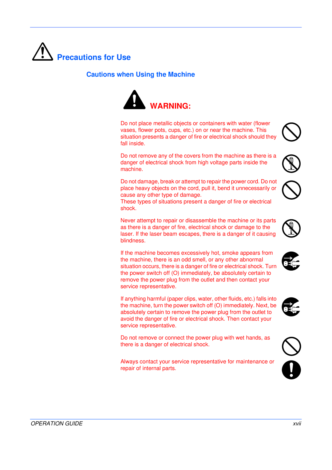 Olivetti PG L235, PG L245, PG L230 manual Precautions for Use, Xvii 